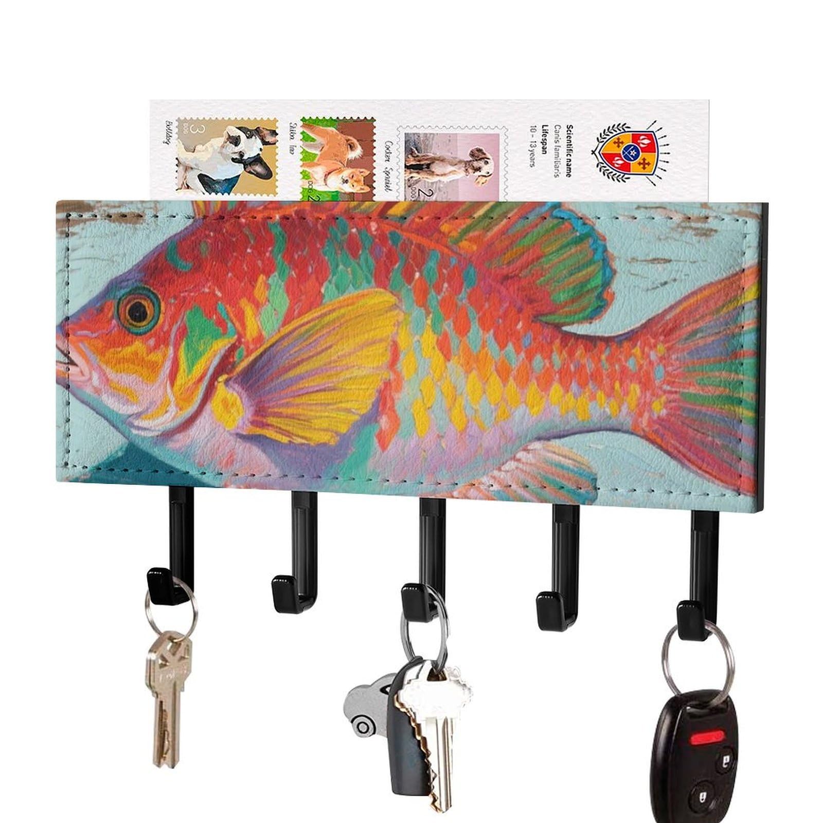 DWVTSLH Fish Key Holder for Wall, Decorative Key Hooks with Mail Organizer & 5 Hooks, Self Adhesive Leather Key Hanger for Entryway, Wall Mounted Key Rack (7.1” X 4.3” X 0.9”)