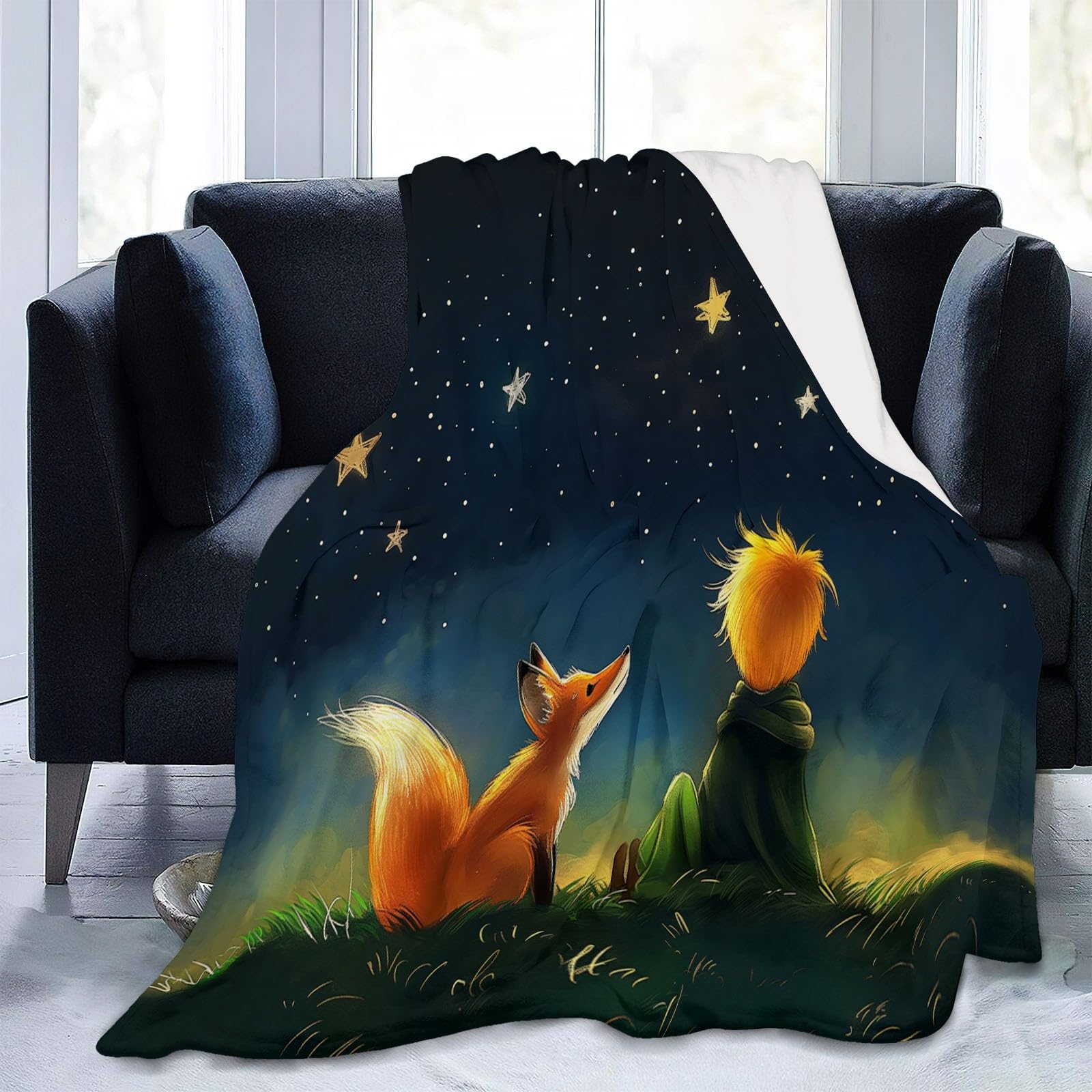 Flanell-Plüsch Kuscheldecke 150 x 200 cm - Fuchs- und Prinz-Motiv unter Sternenhimmel Muster Decken für das Winterschlafzimmer dekorativ Klimaanlagendecke Reisedecke