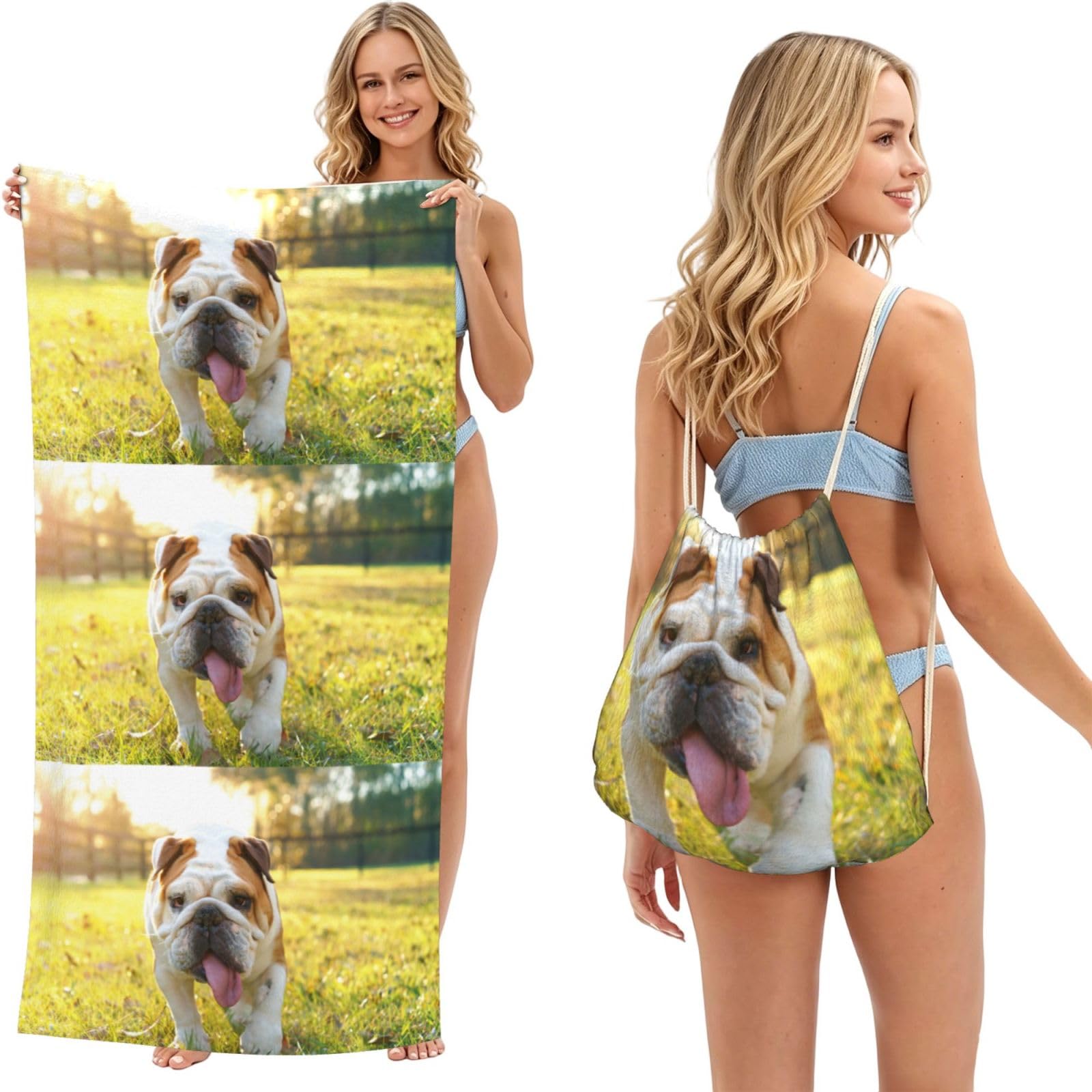 Poadnly As Picture Cute Bulldog Puppy Print, 2 In 1 Packable Towel Bag, Beach Towels With Drawstring Backpack For Travel Holiday Camping