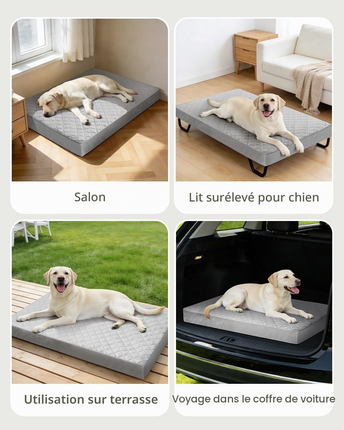NUPIDA Lit orthopédique pour chien de grande taille, imperméable, matelassé, pour cage, avec housse amovible lavable et dos antidérapant, 104 x 68 cm, gris clair