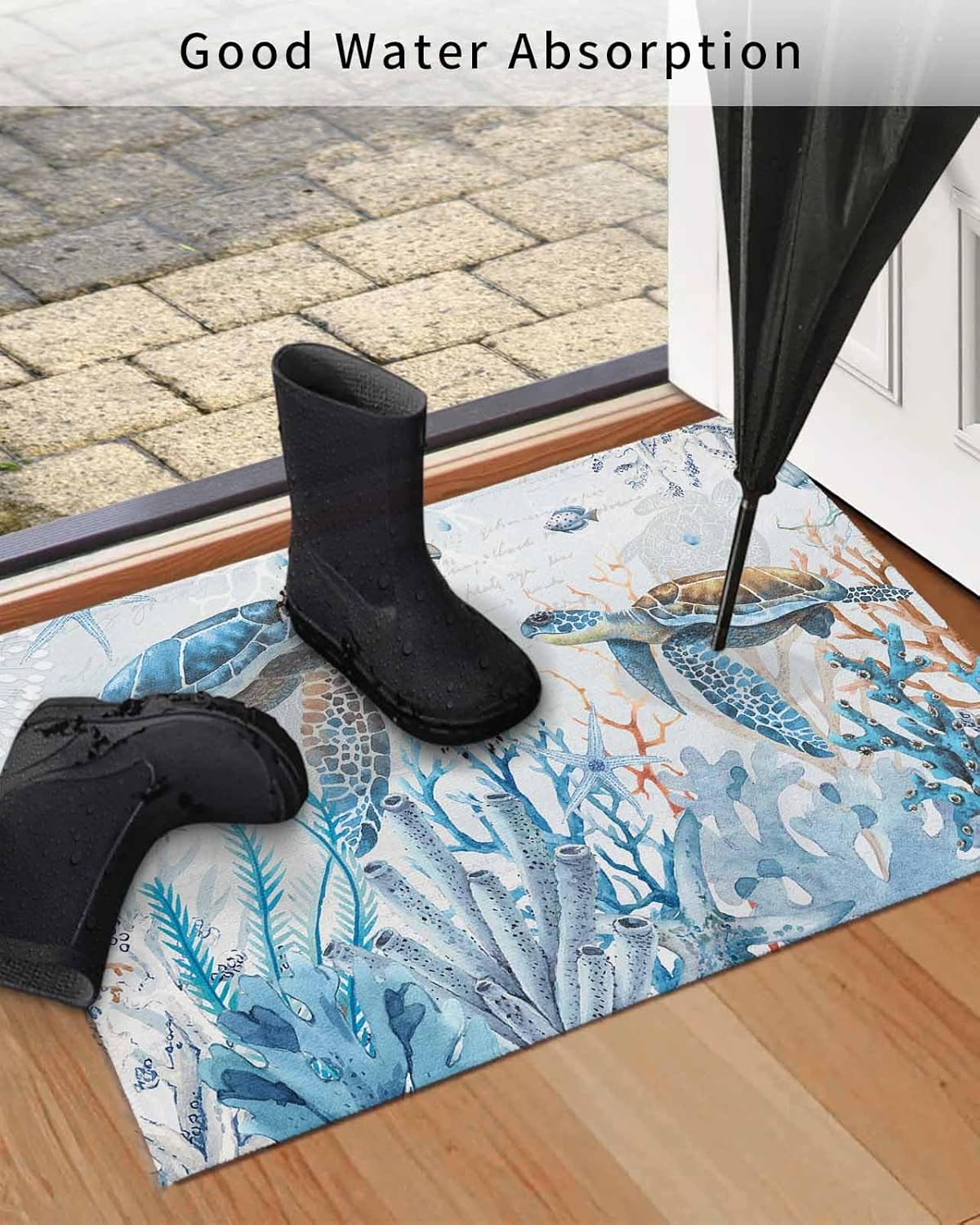 Summer Ocean Sea Life Front Door Mat, Non - Slip Absorbent Door Entry Mats, Doormats Indoor Entrance Small Rugs, Blue Coral Starfish Fish Jellyfish Sea Turtle Doormat - Floor Mats for Home 24x36 Inch