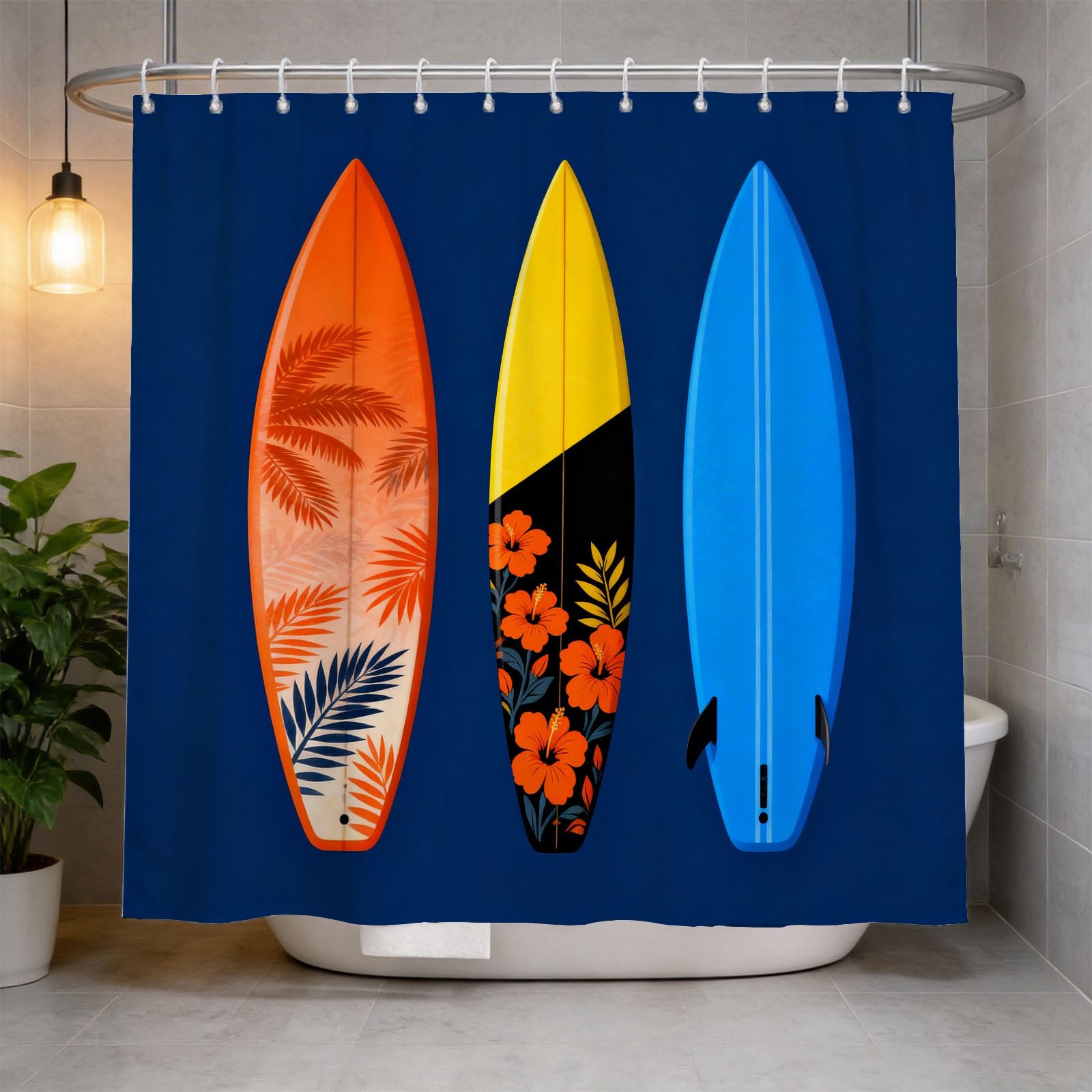 Hongduo 3D Floral Surfboard Shower Curtain for Stalls Bathtubs Beach Elements Bathroom Decor Shower Curtain Set Polyester Fabric Waterproof 180x180cm/71X71 Inch with Hooks