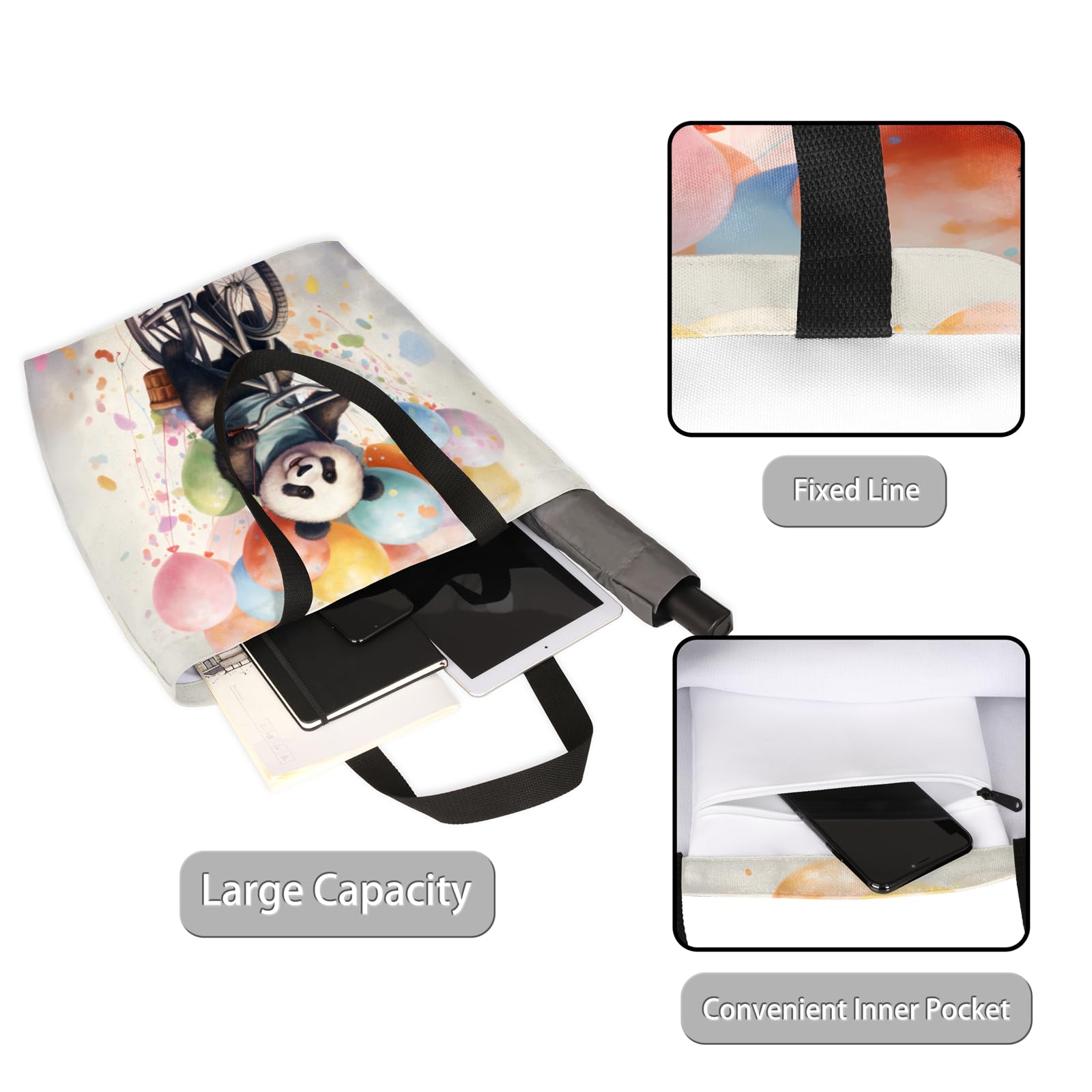 Mularoka Panda Balloons Watercolour Large Capacity Canvas Tote Bag Stylish Handheld Shoulder Bag Reusable Shopping Bag for Work Travel Beach Trips Shopping