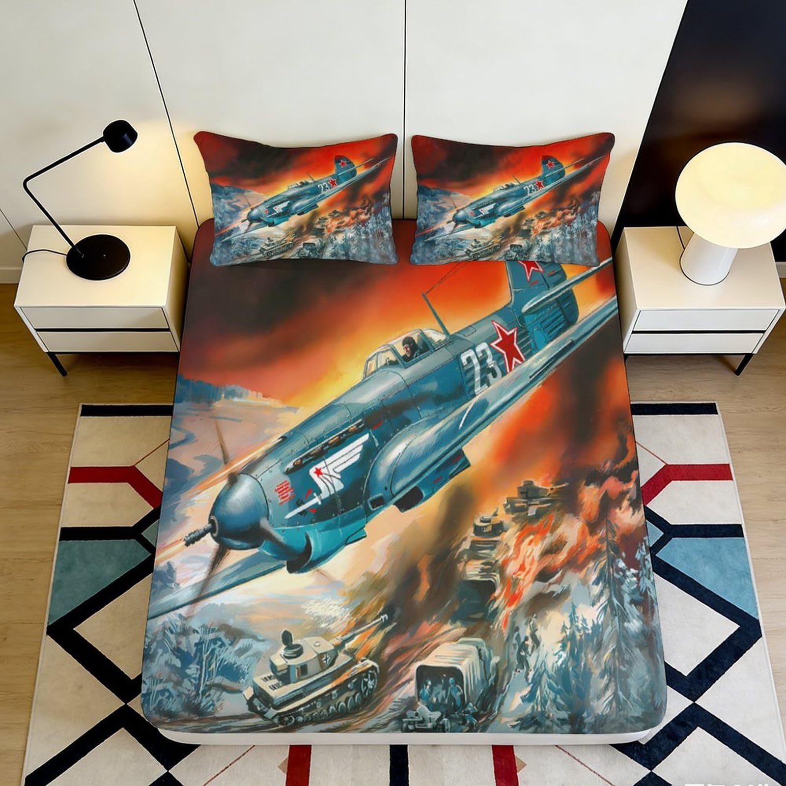 3D Printed fighter jet Fitted Sheet with vibrant battle scene, Microfiber soft touch, guest room bedding, wrinkle resistant, daily use, easy care, bedroom decor 90x200x25cm