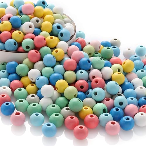 Miniatura 9 de ToBeIT 1000 cuentas de madera redondas de colores surtidos, cuentas espaciadoras redondas de madera con agujero pintado para manualidades