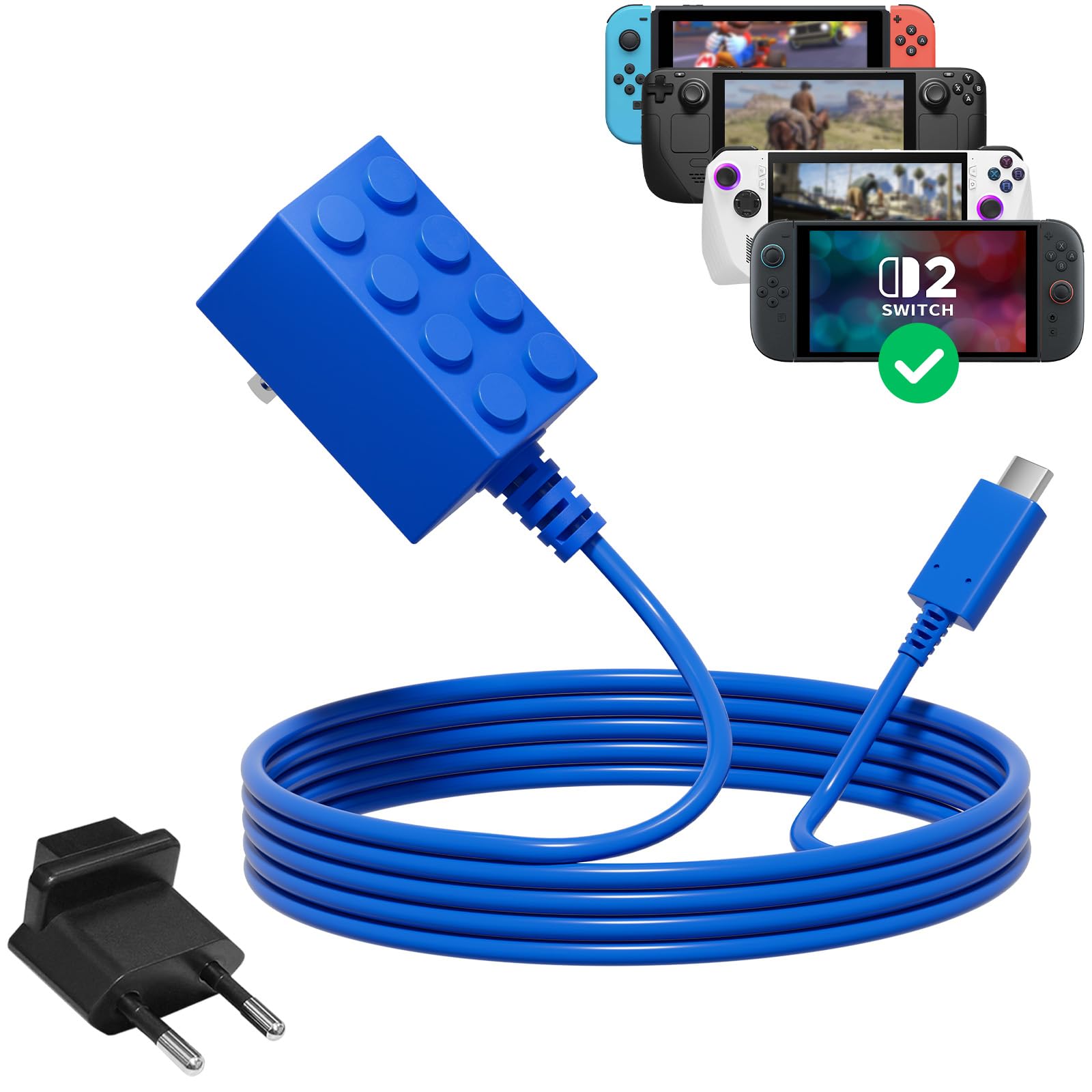 Caricabatterie Switch da 65 W compatibile con Nintendo Switch 2, caricabatterie rapido USB C per Switch 2/Steam Deck, adattatore CA da 1,5 M, design a blocchi di costruzione blu