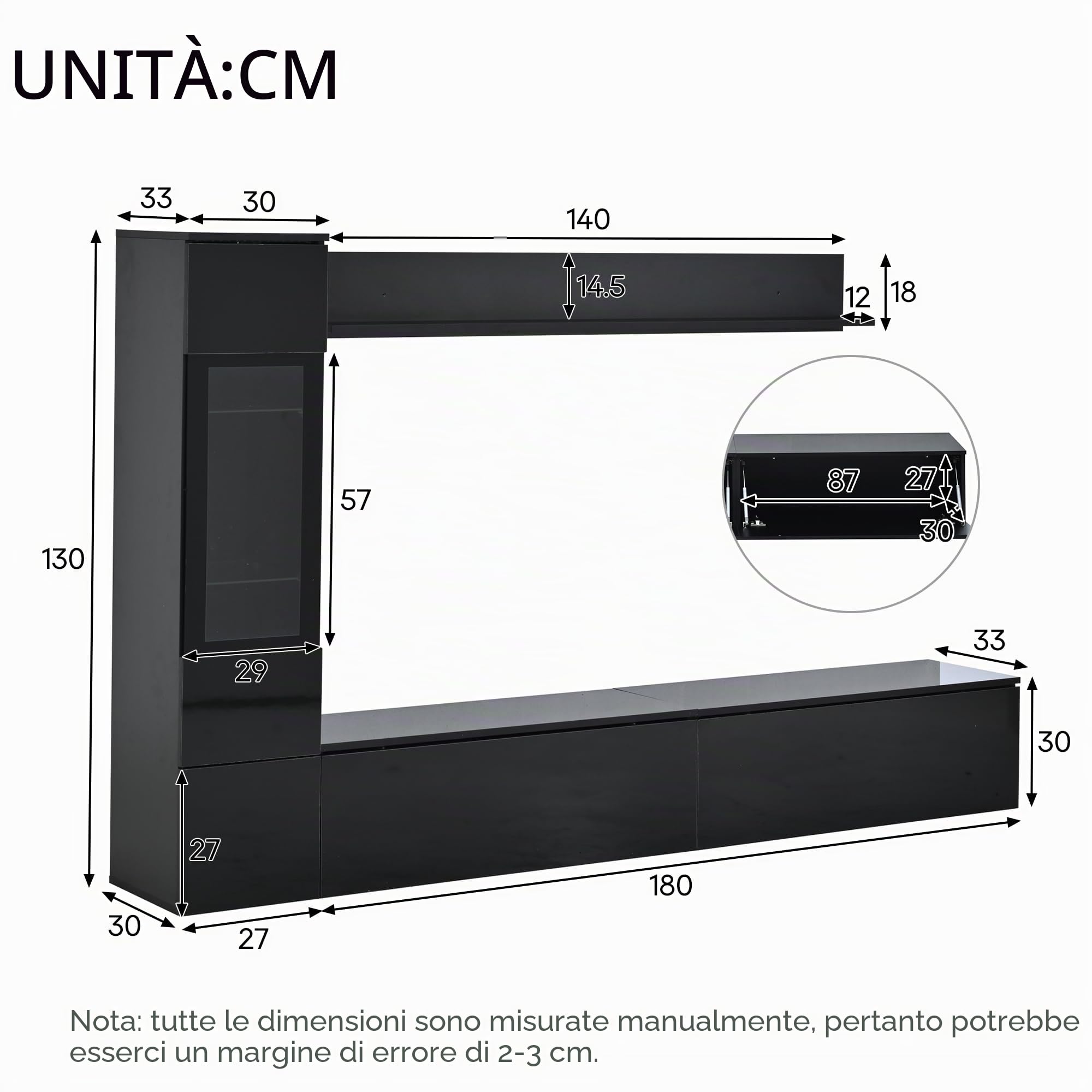 Wiuzo Set da Parete per TV, 3 Pezzi, Illuminazione a LED, Nero Lucido, Set di Mobili da Soggiorno, Parete Frontale Nero, 1 Armadio TV, 1 Vetrina per Soggiorno, 1 Mensola Sospesa, TV Fino a 80"