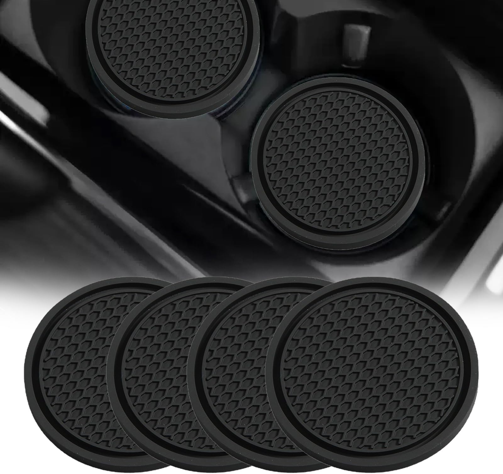 Pack 4 Pcs Car Cup Coaster,2.76 Inches Silicone Automobile Coasters,Universal Non-Slip Insert Coaster,Honeycomb Shape Waterproof Cup Mats Suitable for Most Car Interior (Black)
