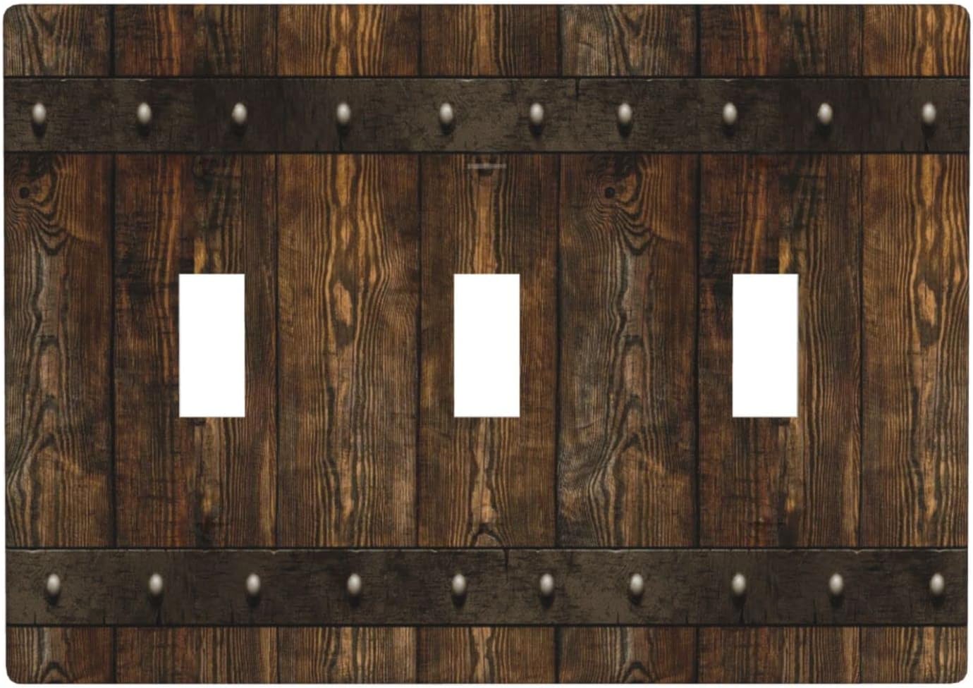 Rustic Farmhouse Barn Door Wood Print Light Switch Plate Cover Decorative 3 Gang Triple Toggle Vintage Brown Country Plastic Wall Plates for Kitchen Bathroom Bedroom