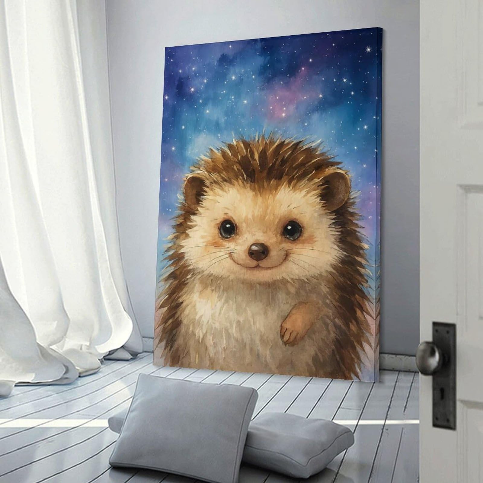 Junmoney Wall Decor Canvas Print Watercolor Hedgehog in Starry Sky, 24x36inch(60x90cm), for Bedroom Walls, Guest Spaces Or Lounges, An Easy Wall Refresh for Bedrooms