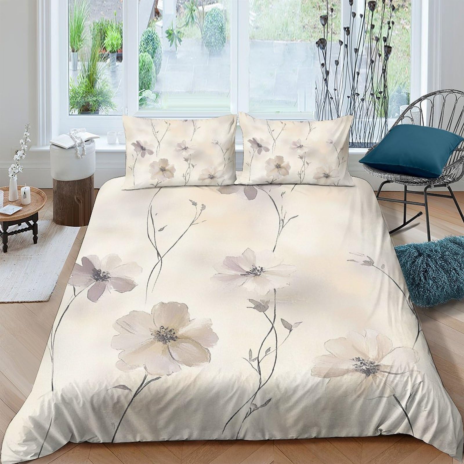 Ctjqhvkz Style-8 3D Printed Watercolor Floral Fitted Sheet Microfiber Soft Beige Blossom Bed Sheet For Bedroom Guest Room Decor Single（135X200cm）