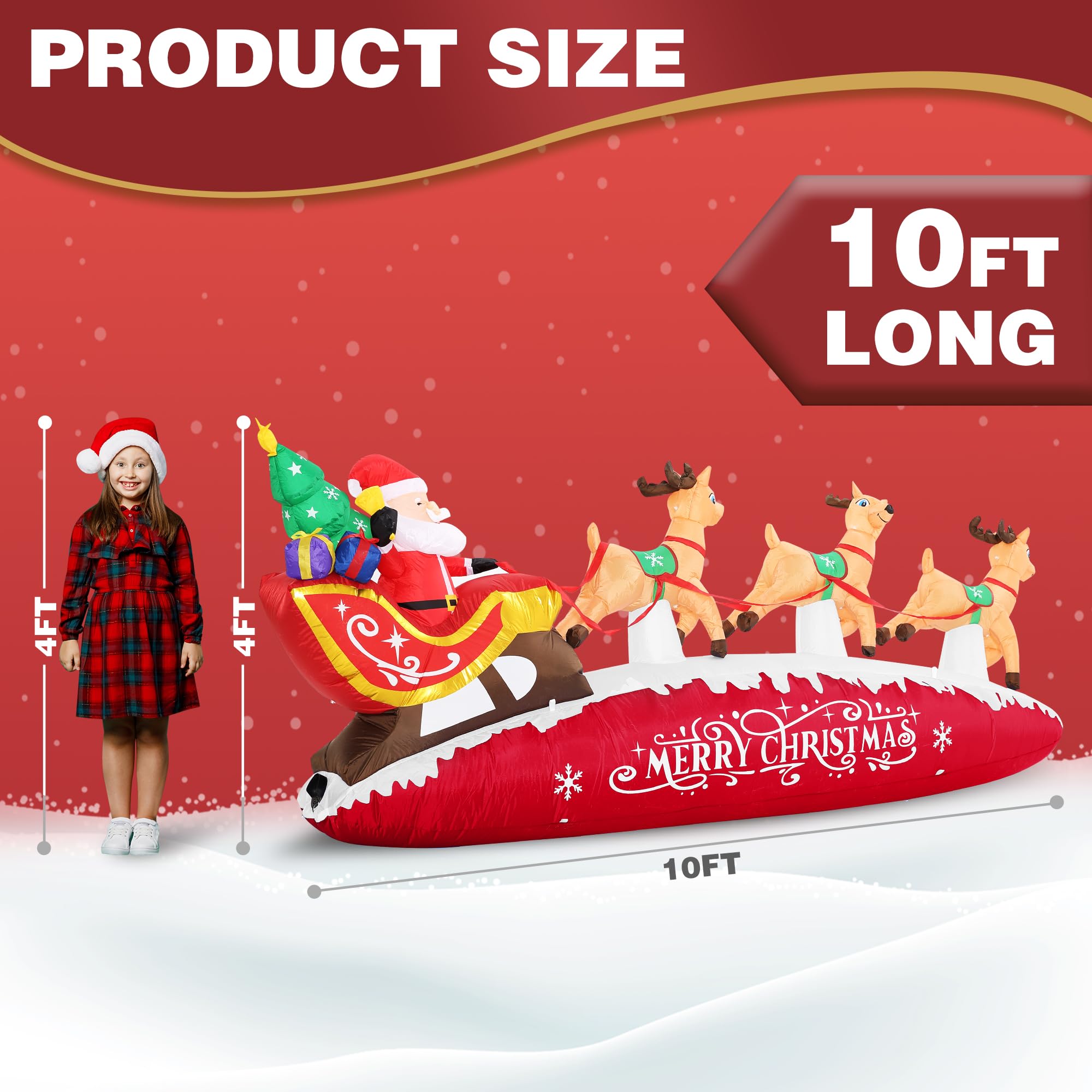 Funflatable Traîneau du Père Noël avec renne gonflables - Décorations d'extérieur gonflables pour jardin, pelouse, décoration de Noël (rouge)