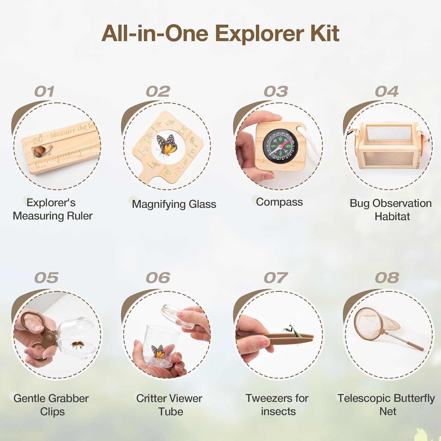 Wooden Bug Catcher Kit for Kids, 16-in-1 Outside Toys for Toddlers STEM Outdoor Explorer Set with 3-Way Observation Habitat, Butterfly Net, Magnifying Glass, Educational Gift for Boys Girls Ages 3-8