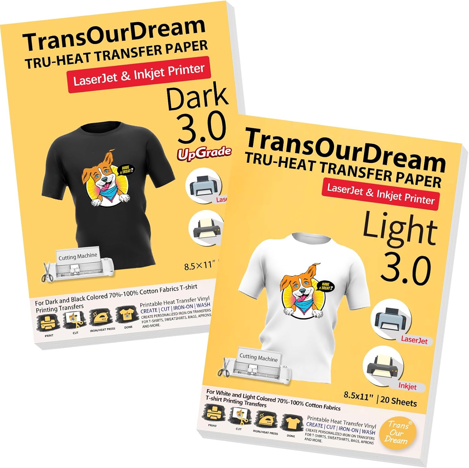 TransOurDream Bundle - Iron on Heat Transfer Paper for Dark and Light T Shirts (Dark 3.0 20 Sheets & Light 3.0 20 Sheets, 8.5x11") Printable HTV Vinyl for Inkjet & Laserjet Printer
