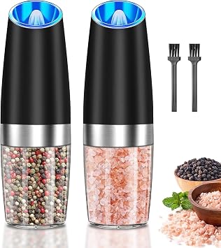 Electric Salt and Pepper Grinder Set, Automatic Pepper Mill Grinders with Adjustable Coarseness, LED Light, Battery Powered Salt Shakers One Hand Operation, Large Capacity for Home Kitchen (Black)