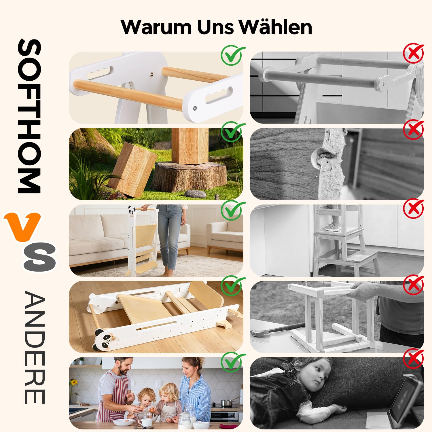 Lernturm Montessori Platzsparend und Höhenverstellbar Klappbar Lernstuhl für Kinder mit Kippschutz & Anti-Rutsch-Trittfläche für Kinder ab 1 Jahr Learning Tower, Tritthocker, Schemel