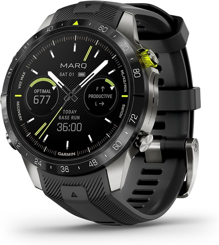 Garmin MARQ Athlete (Gen 2) Smartwatch, caja de titanio de grado 5, lente de zafiro, pantalla AMOLED, métricas de rendimiento de élite, correa de silicona negra, 010-02648-40 (renovado)
