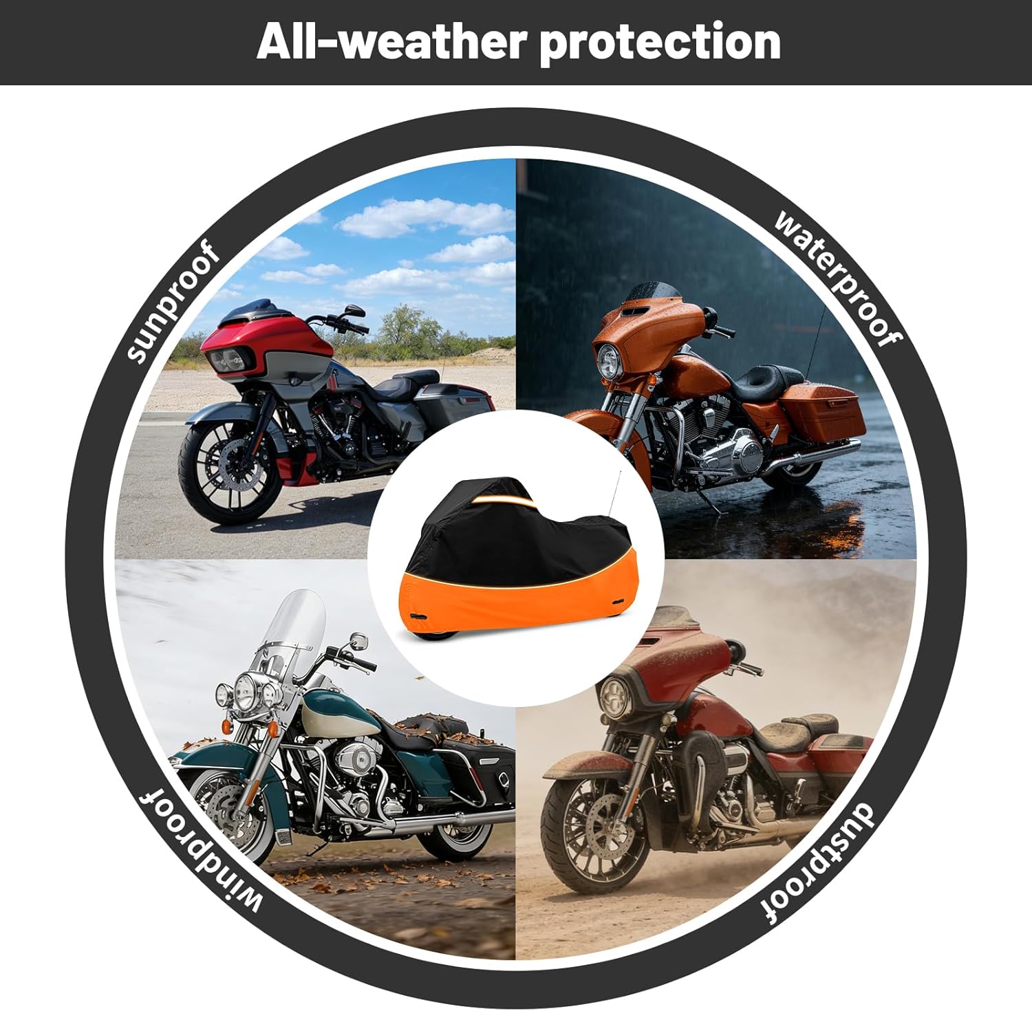 Heavy Duty Motorcycle Cover Waterproof Outdoor Storage - Road King Glide Street Glide Heritage Classic for Low Riders and Most Motorcycles(Black&Orange)