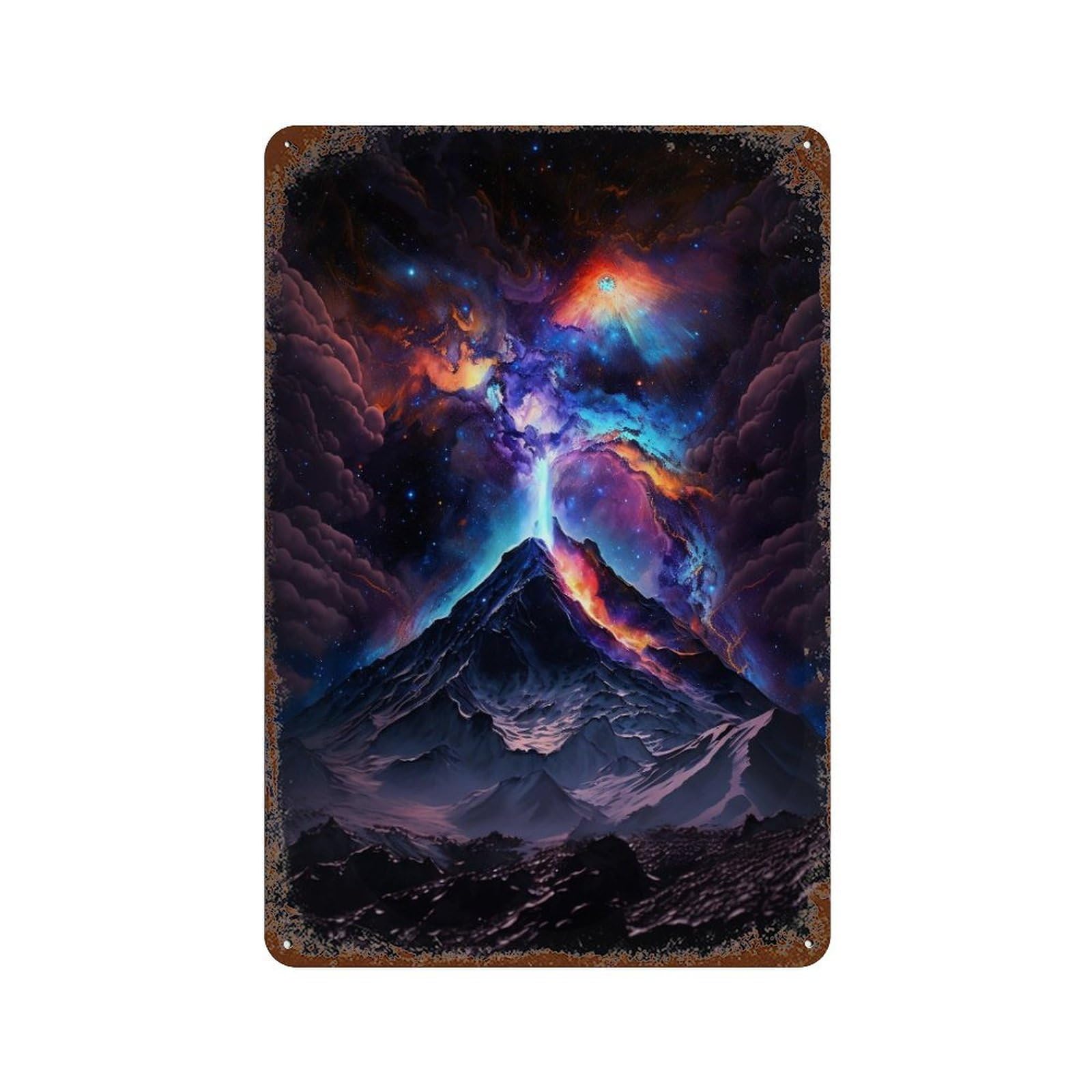 Cosmic Mountain Landscape Rust Effect Tin Sign 11.8"x7.9", Industrial Home Decor for Basement, Hobby Room And Garage Decor