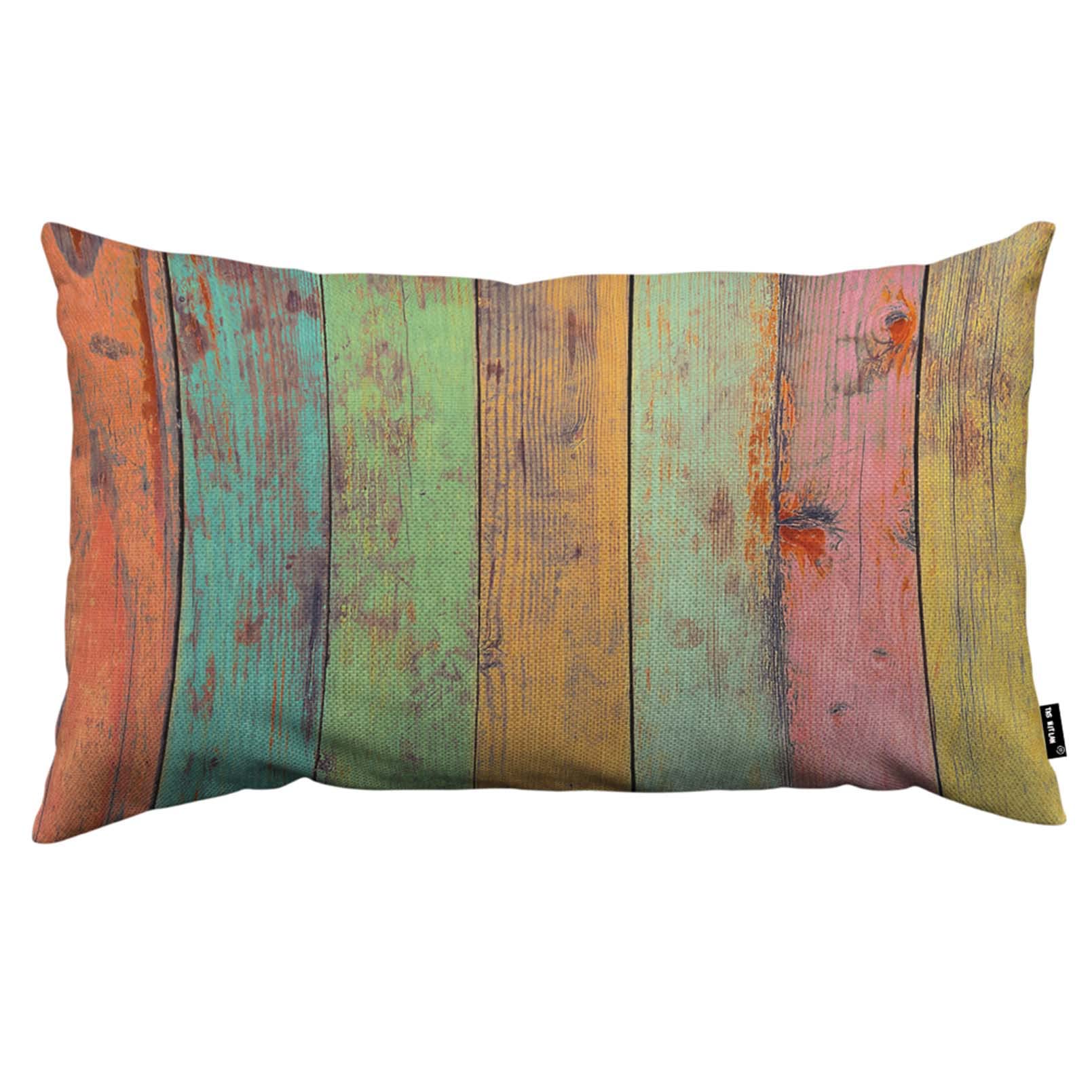 TKS MITLAN Vintage Board Throw Pillow Case Cushion Cover Wood Background Colorful Artwork Painted Blue Pink Green Yellow Orange Old Simple Linen Couch