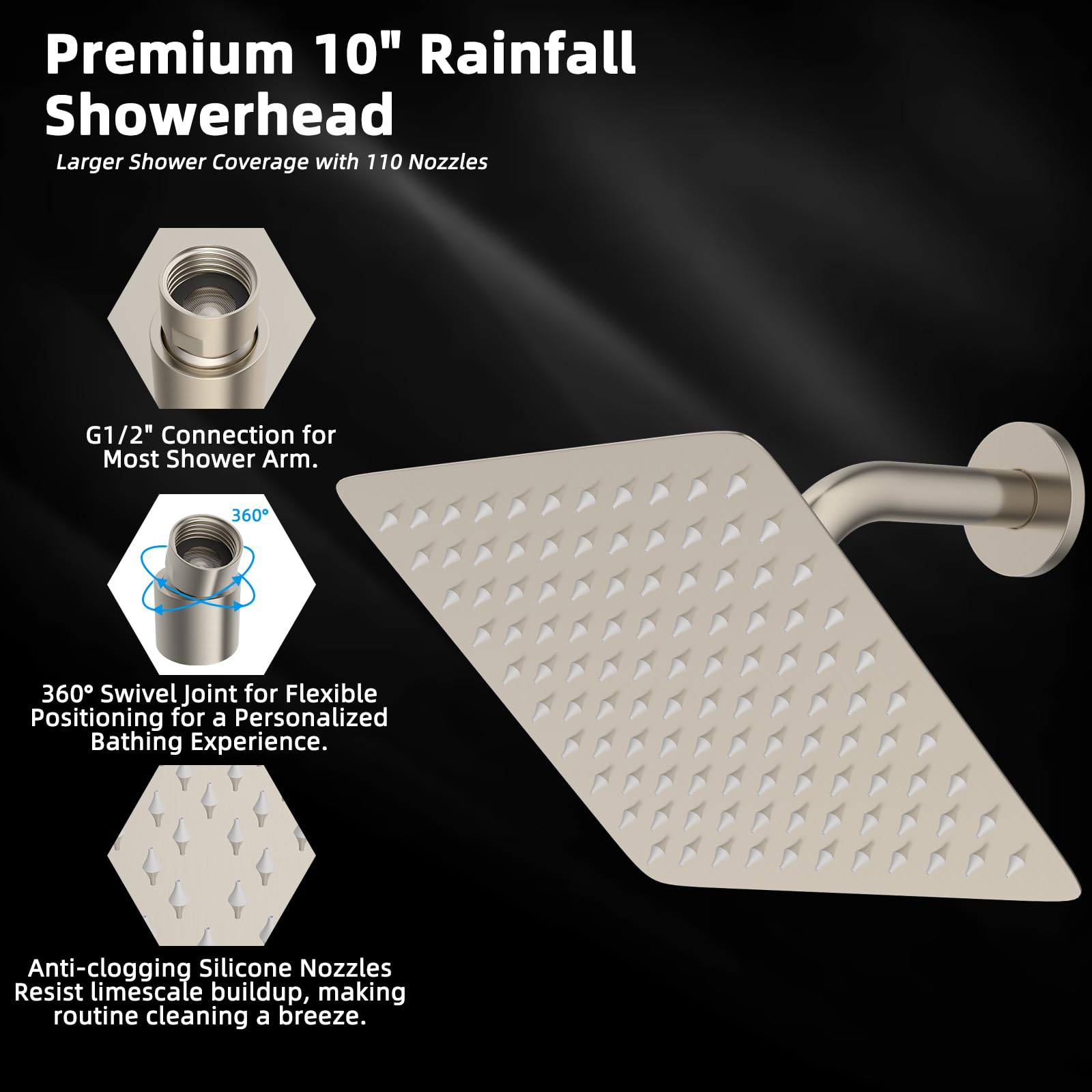 Hibbent Soffione doccia interamente in metallo, 25,4 x 22,9 cm, soffione doccia a pioggia in acciaio inox ad alta pressione, soffione a pioggia per bagno con design ultrasottile, giunto in ottone