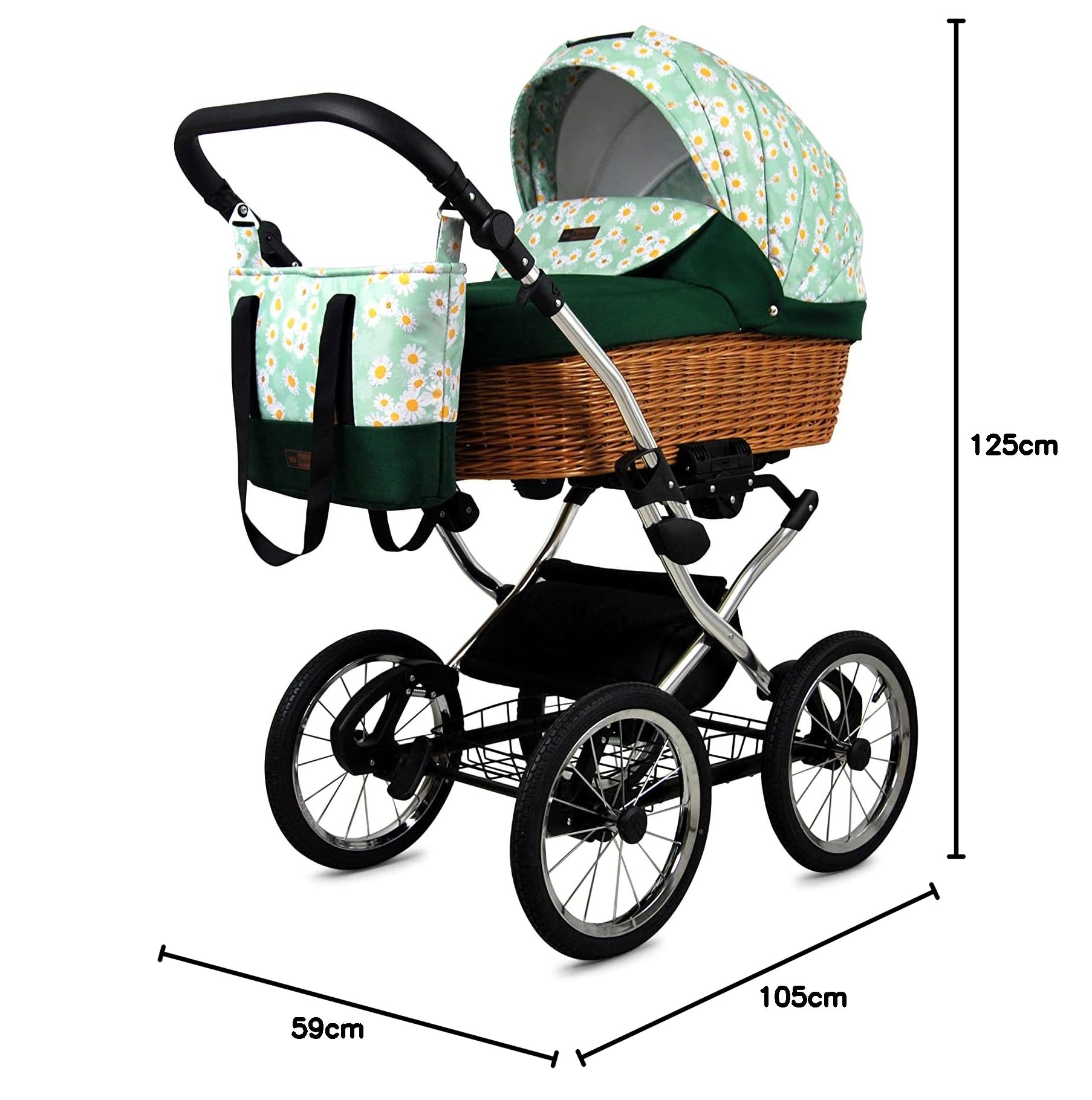 BabyLux Kinderwagen 3in1 mit Autositz für Kleinkinder – Kinderwagen für Neugeborene und Kleinkinder –– Baby Neugeborenen Kinderwagen – 59x105x125cm – Max 15kg – Green Daisy Silver Frame