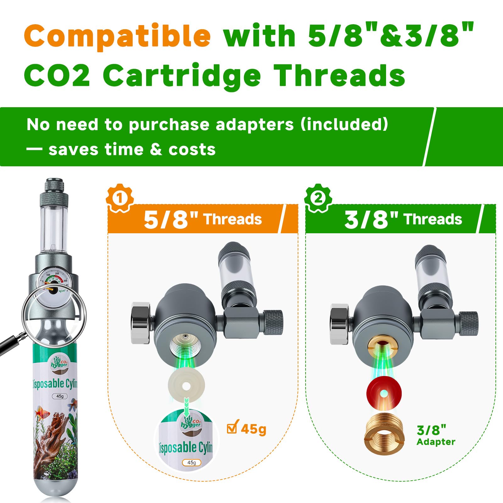 Sistema completo de CO2 para acuarios, regulador de CO2 de escritorio con cartucho de CO2 desechable de 45 g, compatible con rosca de 5/8 pulgadas y 3/8 pulgadas para nano acuarios