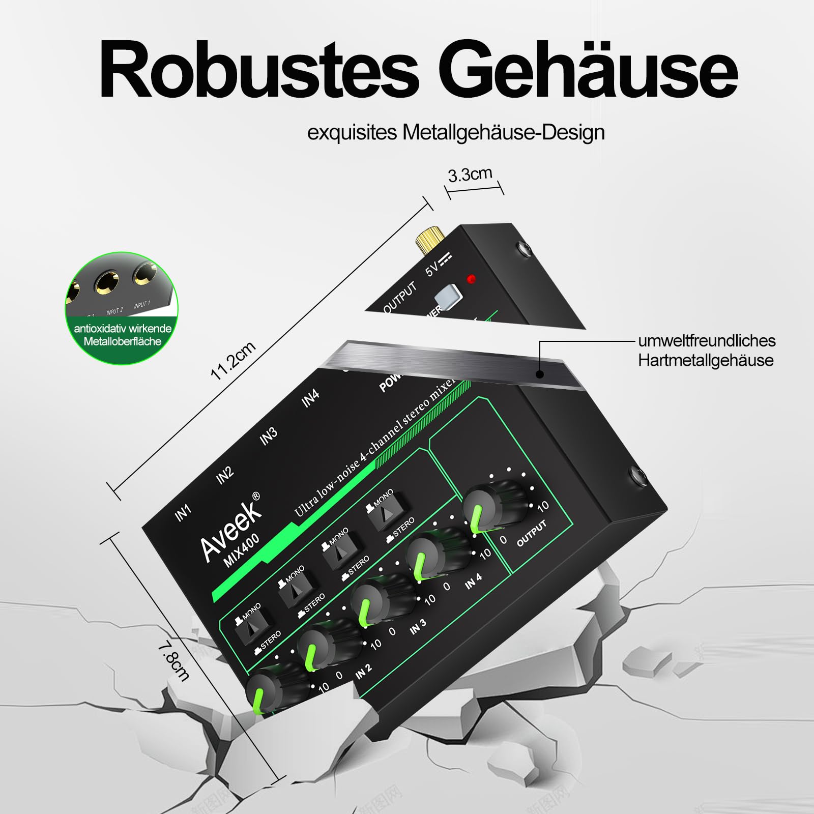 Aveek 4-Kanal Kleinmischpult, Mini 4 Stereo Audio Mixer, rauscharm für präzises Submixing, 1/4’’ TRS Ein-/Ausgang Ideal für Mikrofone/PC/Gitarren/Bass/Bühne