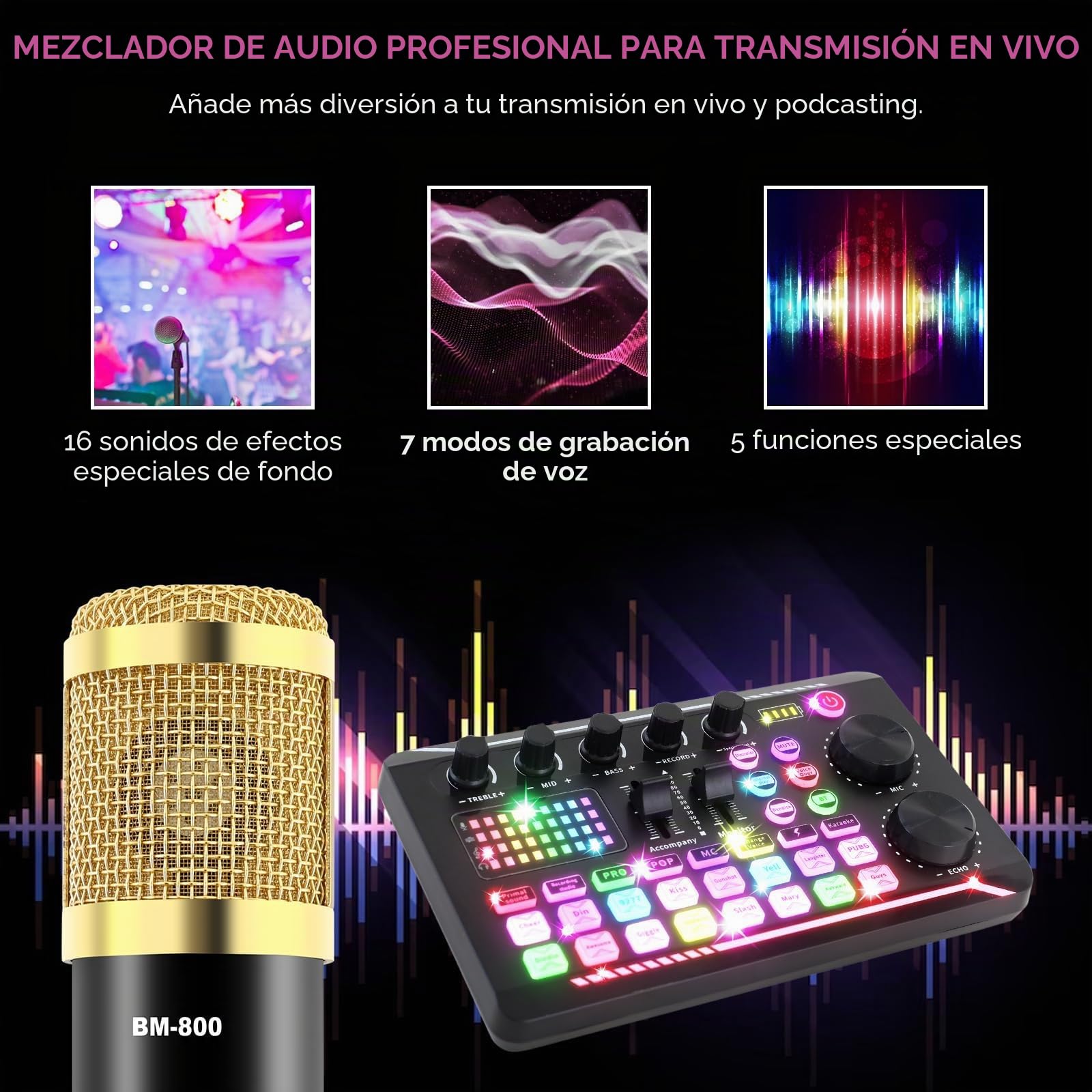 ALSO GO Paquete de equipo de podcast, micrófono condensador BM800 y kit de tarjeta de sonido en vivo con soporte de trípode, efectos de mezclador DJ y cambiador de voz, perfecto para estudios de