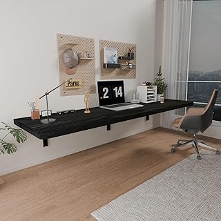 IAE Wall Mounted Folding Table with Pine Wood,55" x 16" Floating Wall Desk,Laundry Folding Table with Shelf Brackets,Fold Down Desk Shelf,Folding Workbench for Home,Dining,Laundry Room,Kitchen,Black