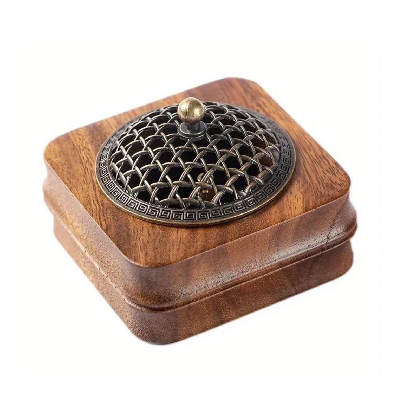 Hyack Wooden Incense Burner Walnut Antique Bronze Lid with Cover 4in