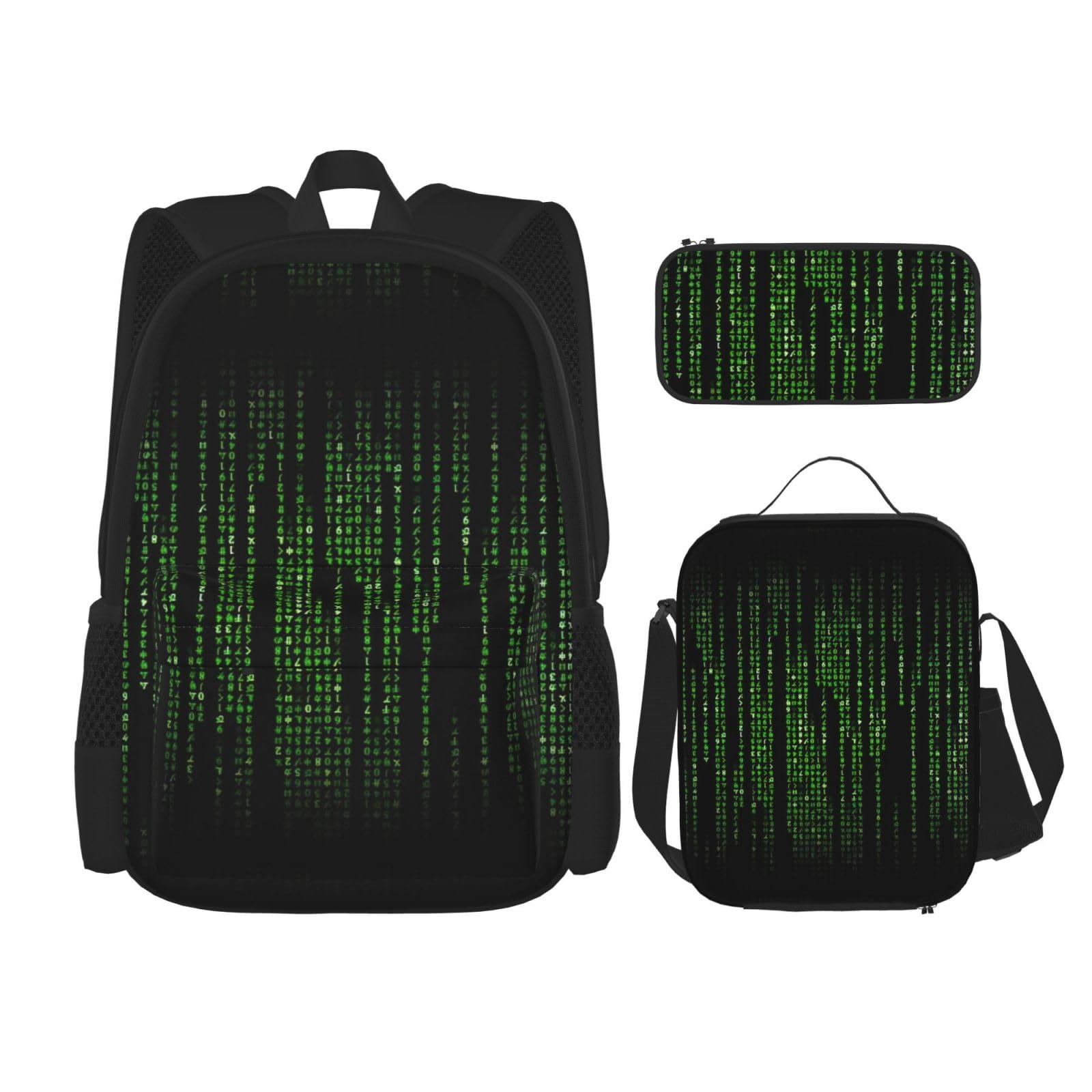 YHBLYKXP Green Number Binary print 3-Piece Casual Backpack Set (Backpack + Waist Bag + Small Pouch), Unisex Daypack