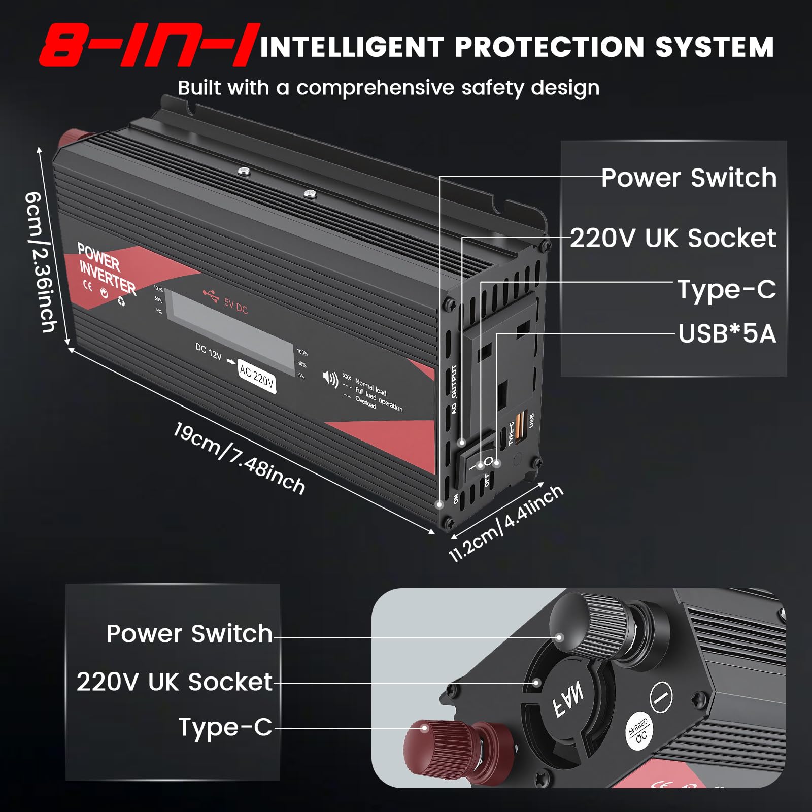 2000W Power Inverter 12V to 240V with LCD Display, 2 UK Sockets & USB Port, Modified Sine Wave Car Inverter for Camping, RV, Truck, Home Use – High Efficiency >95%, Safety Protections (Red) - 2