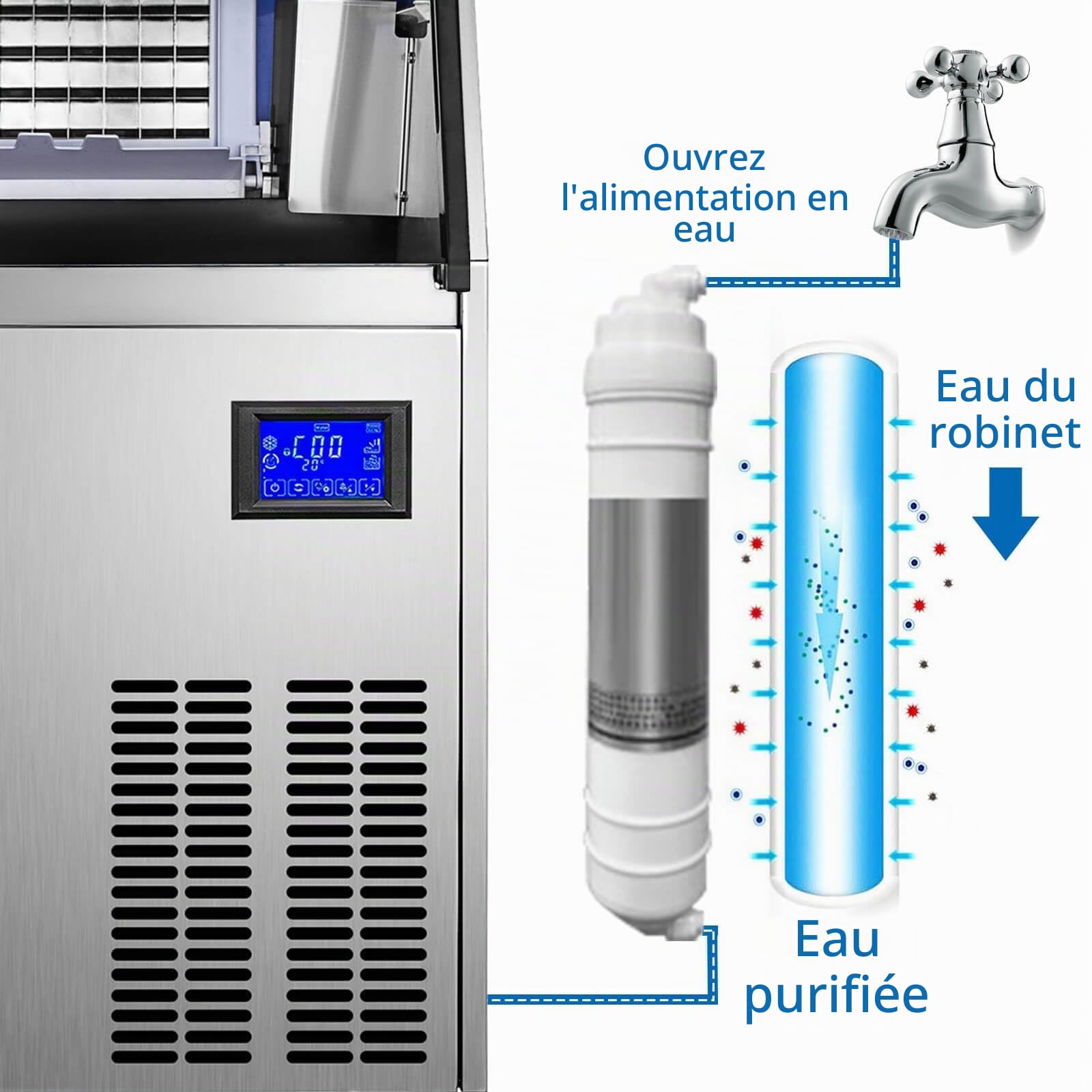 Machine à Glaçons Commerciale 1030W 200kg/24h Glace Machine Professionnel 160 Glaçons en 8-15 Minutes Écran LCD Storage de 59kg pour Maison Bureau Restaurant Bar Café (200Kg/24H)