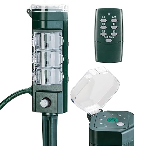 HBN Temporizador de regleta de alimentación para exteriores con fotocélulas (con control remoto), temporizador de cuenta regresiva de estaca de