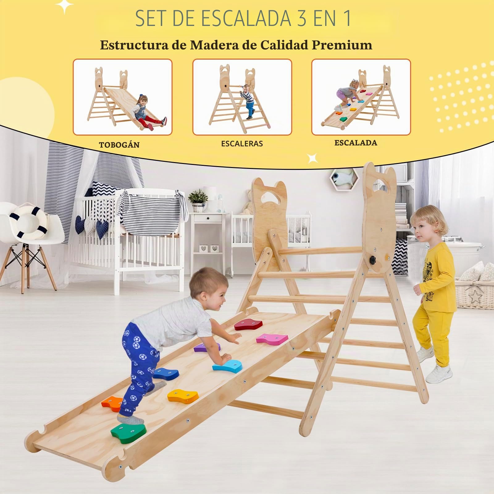 NUKied 3 en 1 Triángulo de Escalada con Rampa Ajustable para Escalar y Deslizarse,Escalador Triangular de Madera,Plegable Juguetes Triangulares de Escalada para Niños Pequeños a Partir de 3 años