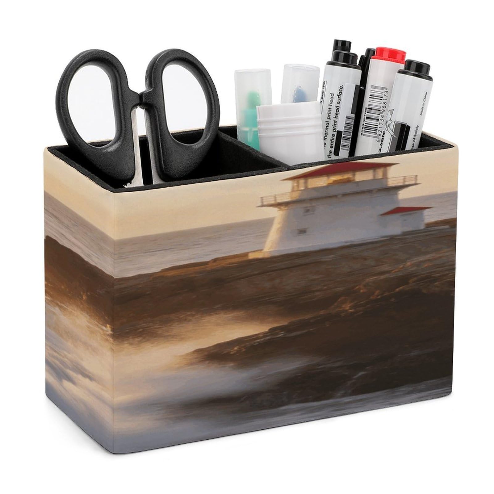 LZQPOEAS Lighthouse Waves Pen Holder Double Compartments Pen Cup Makeup Brush Holders Leather Pencil Holder Locker Organizer for Work Locker Accessories Modern Pencil Cup for Desk