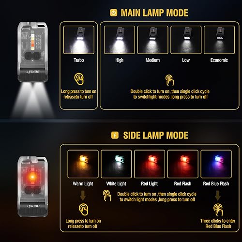 Miniatura 3 de BORUIT V15 Linterna LED pequeña y potente EDC con luz blanca cálida roja, brillante 1200LM USB C recargable, 10 modos, mini llavero de bolsillo con