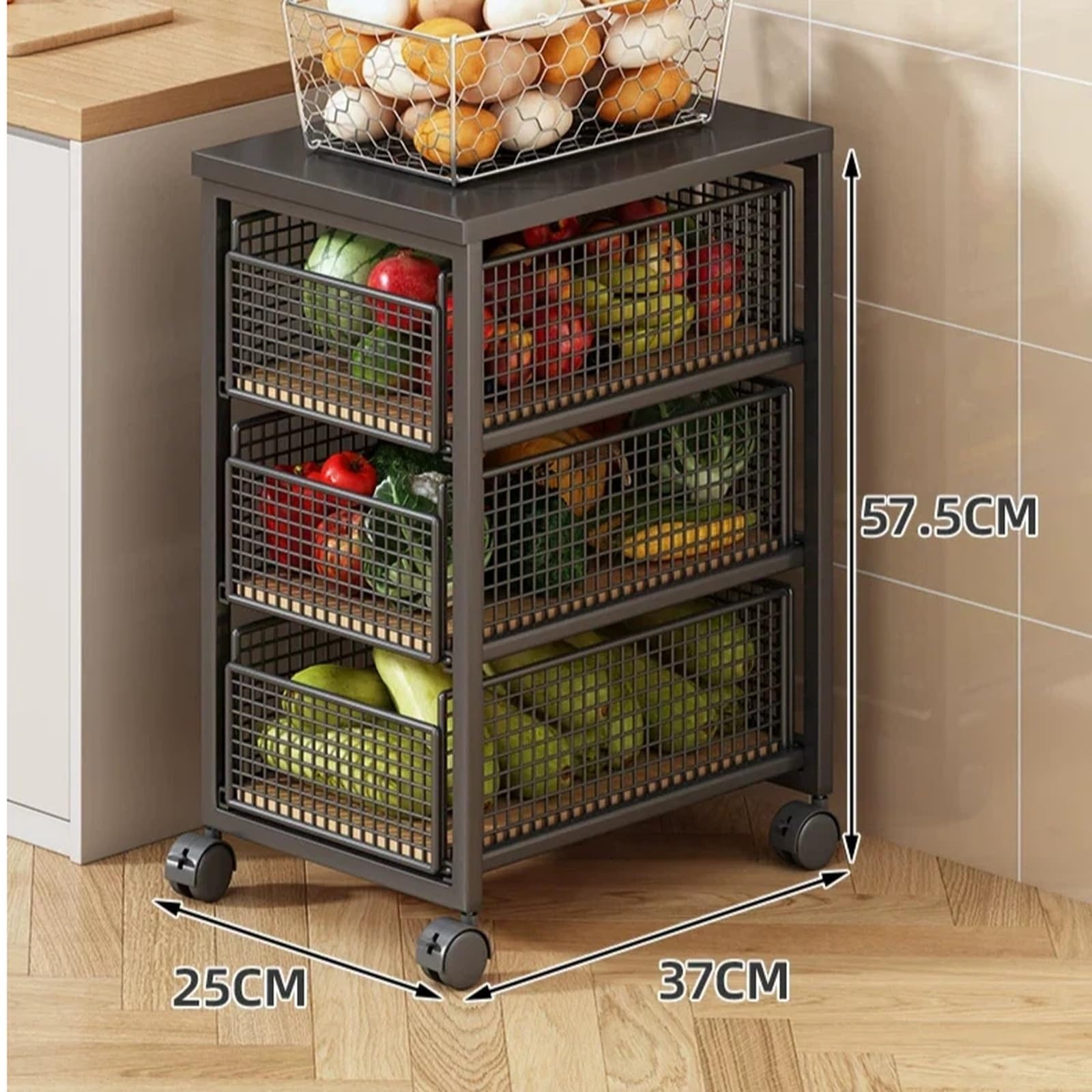 Carrello da cucina Carrello da cucina a 3 livelli con ripiano estraibile for cestini for frutta e verdura(Bianco)