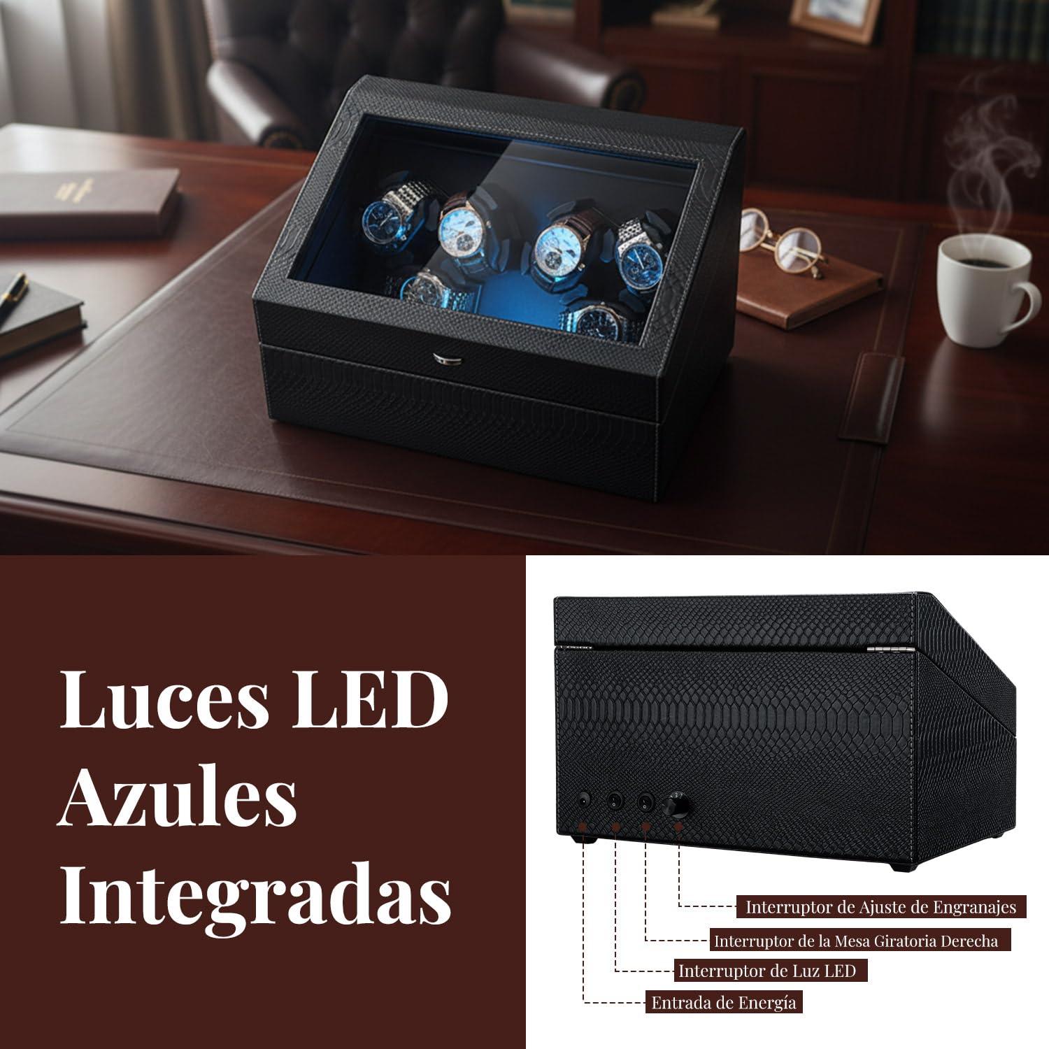 Mcbazel Automático de Relojes con Luz LED, Motor Silencioso Cajas Giratorias para Relojes 6+6 Compartimentos 4 Modos de Rotación Alimentado por USB DC, Control Independiente para Turntables | Caja MDF + piel PU Premium. 6 Enrolladores + 6 Almacenajes. Con