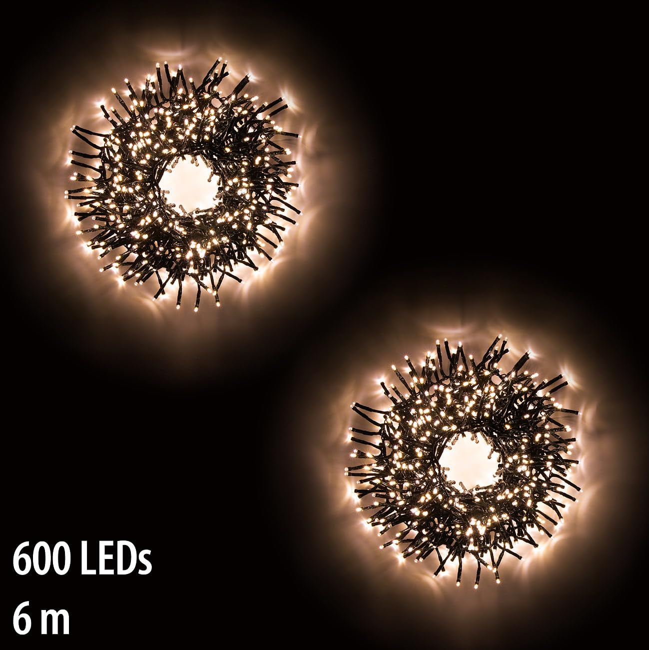 Lunartec Lichterkette Winter: 2er LED-Büschel-Lichterkette, 600 LEDs, 8 Modi, IP44, 6 m, warmweiß (Büschellichterkette Outdoor, Weihnachts-Fenster-Beleuchtung, Baum)