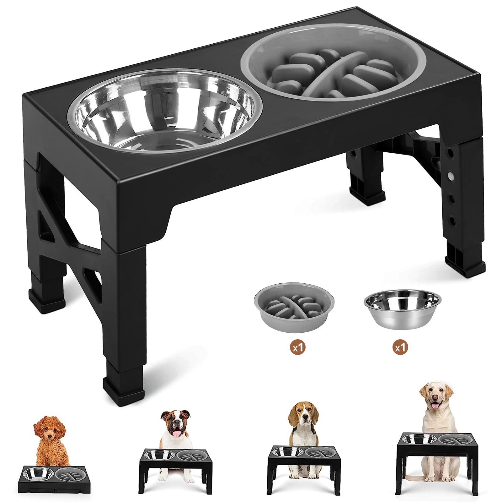 Comedero Elevado para Perros, 4 Alturas Ajustables, Cuencos de Acero Inoxidable y Alimentador Lento Antivoracidad, Soporte Antideslizante Plegable para Razas Pequeñas, Medianas, Grandes y Gatos