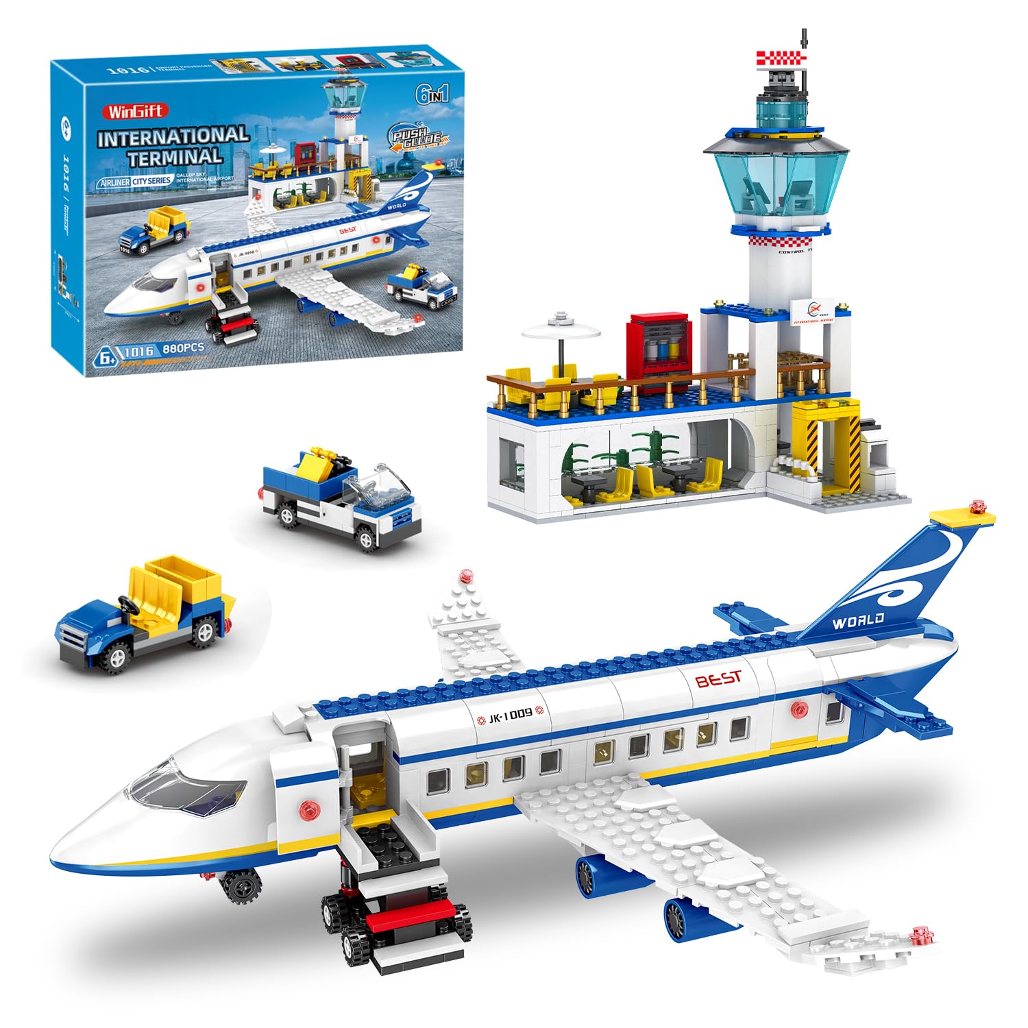 WinGift 880 Pcs City Airport Passenger Terminal Building Set, 6 IN 1 Airplane Building Blocks Toy, STEM Aircraft Bricks with Shuttle Bus,Luggage Cart,