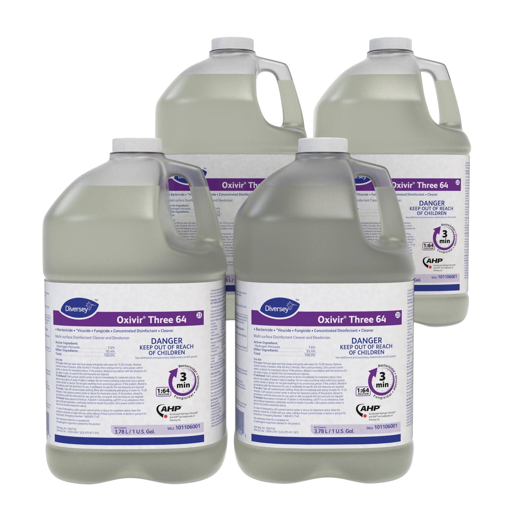 Diversey 101106001 Oxivir Three 64 Liquid Disinfectant Powered by Accelerated Hydrogen Peroxide (AHP), Unscented, Concentrate, 1-Gallon (Pack of 4)