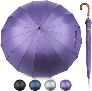 Large Stick Umbrella 55 Inch - Automatic Classic Umbrella Wooden Handle 16 Rids Umbrella J Handle for Walking, Golf Umbrellas Windproof Grand Parapluie for Men