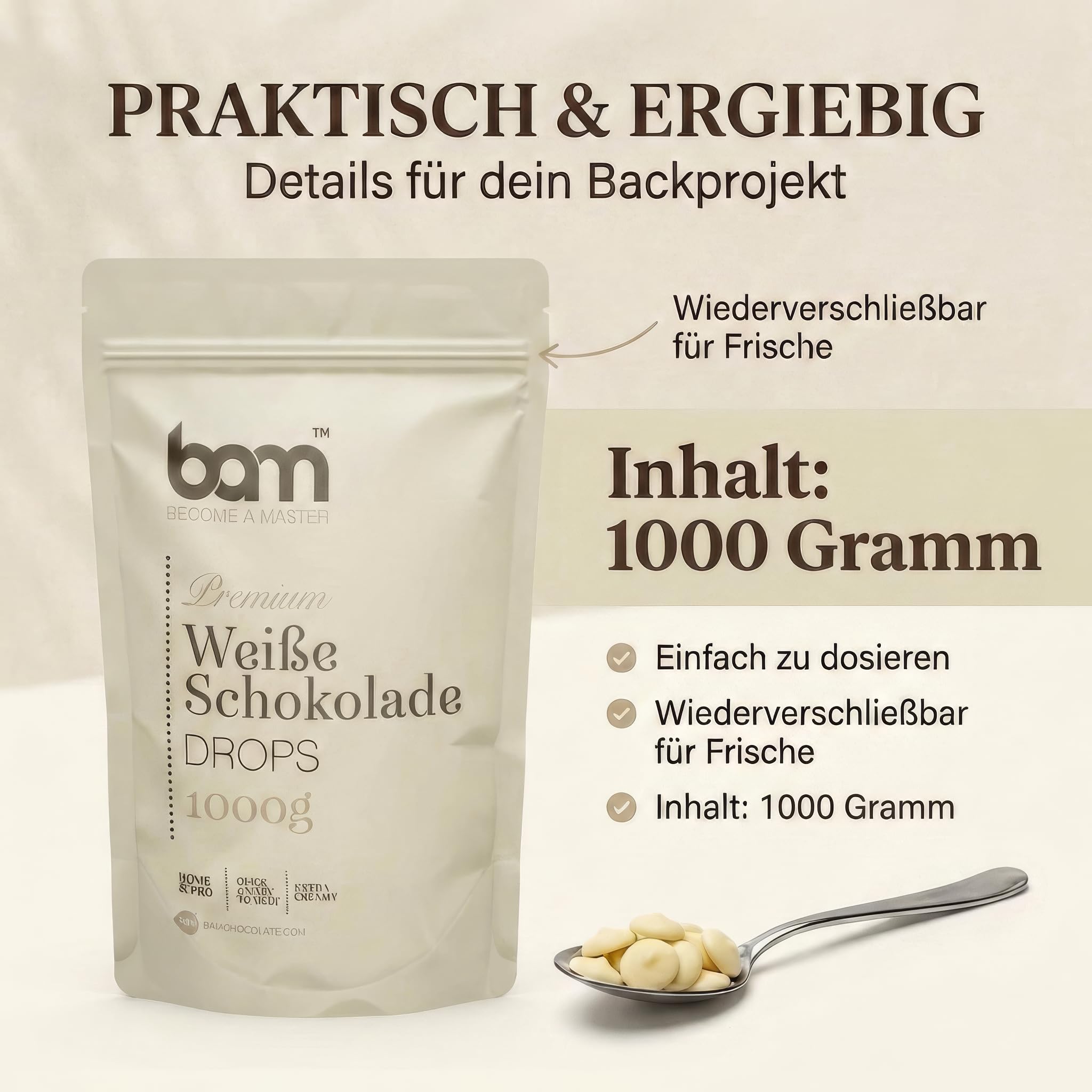 BAM Weiße Schokolade Drops – Kuvertüre Callets zum Schmelzen & Backen – Weiße Schokodrops für Schokofondue, Ganache & Schokobrunnen – White Chocolate Chips - 1 kg