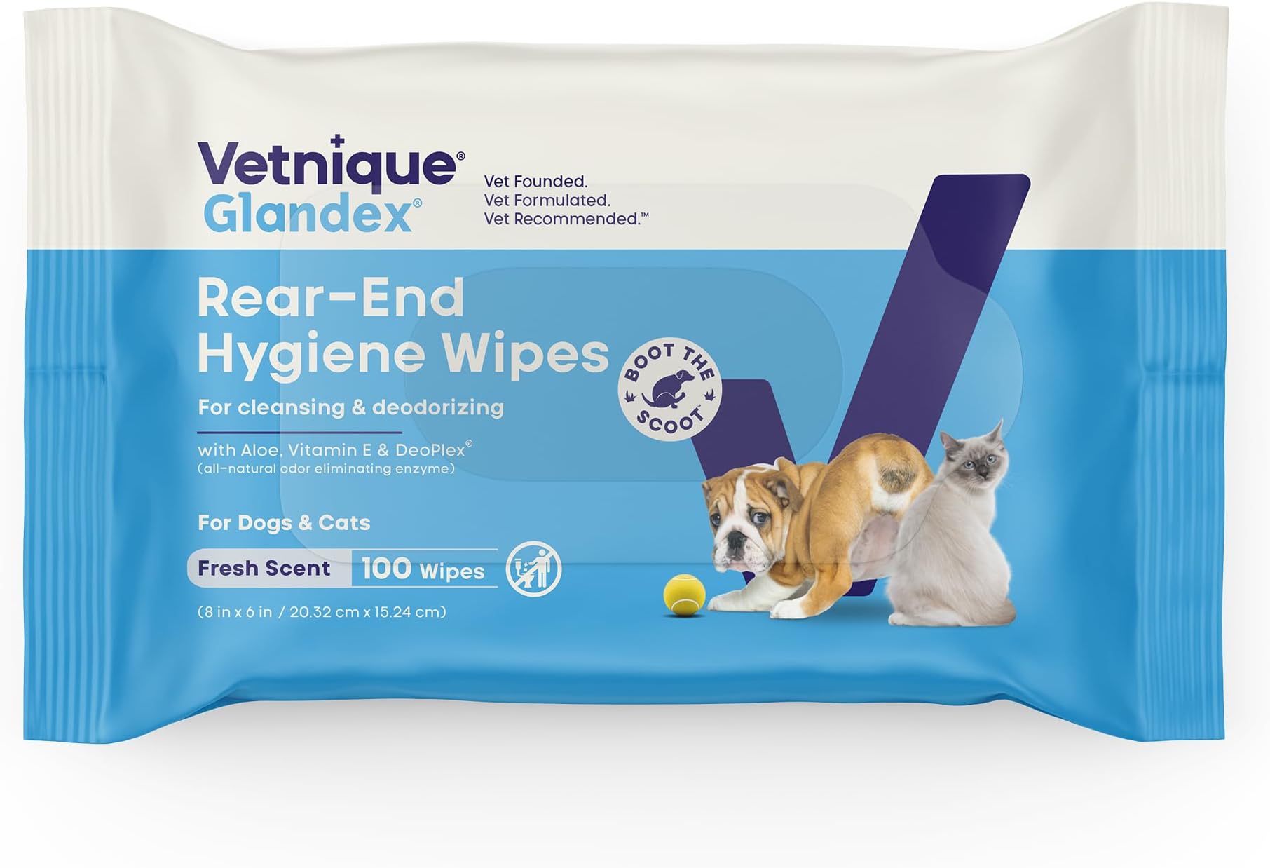 Glandex Rear End Wipes for Dogs & Cats, Anal Gland Hygiene & Deodorizing Dog Wipes for Paws and Butt, Boot The Scoot with DeoPlex Enzyme, Aloe & Vitamin E (100ct)