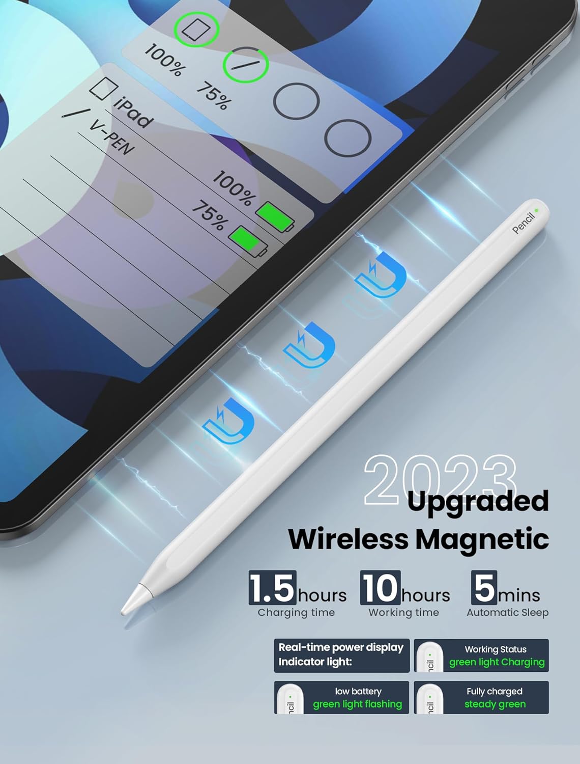 Image illustrating magnetic wireless charging and battery indicators