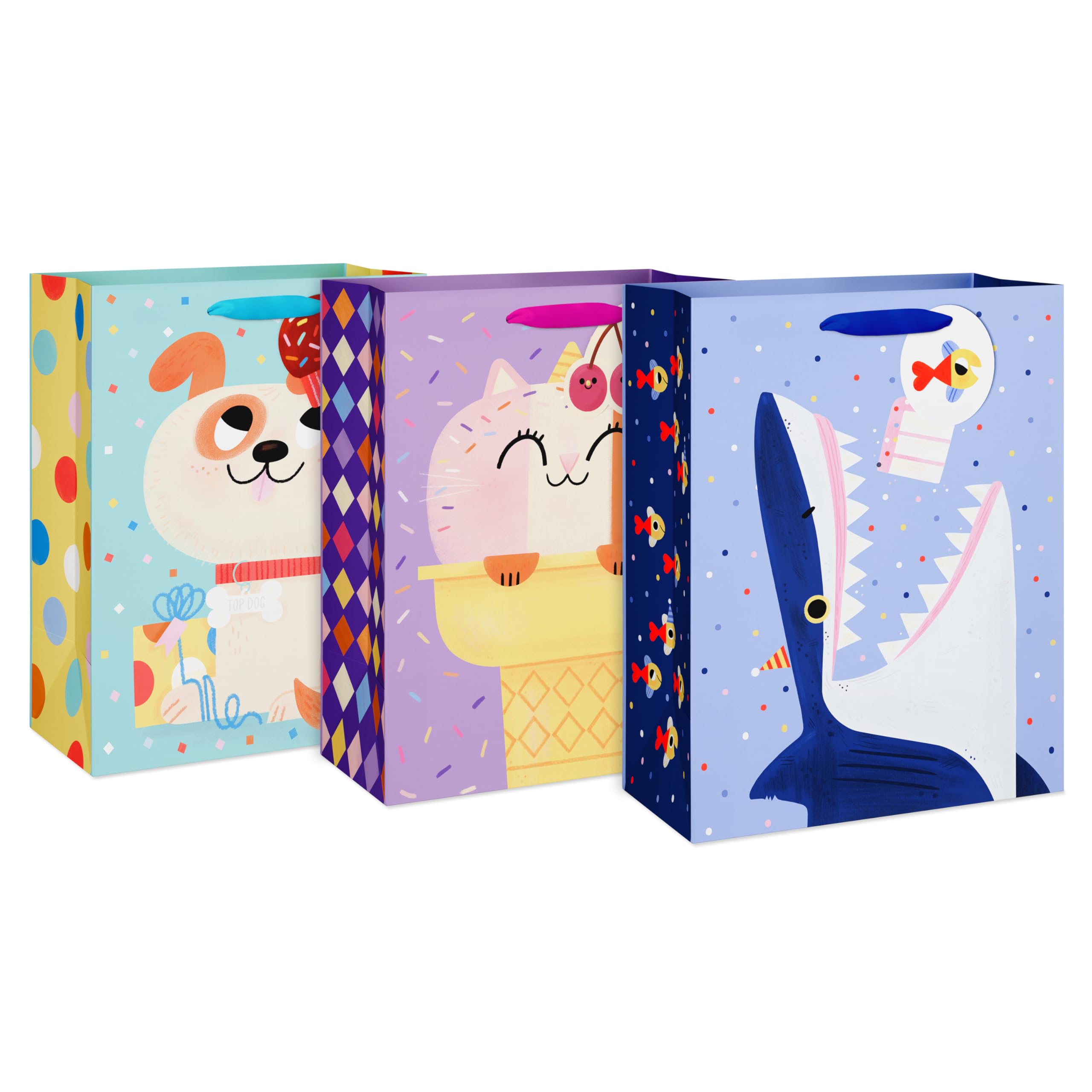 American Greetings 3 Große Geschenktüten Für Kinder – 33 Cm Hoch, Mit Satinband-Griffen, Hai/Katze/Hund Design | Für Geburtstage, Partys
