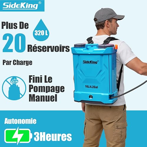 SideKing Pulvérisateur Électrique à Dos 16L, Pulvérisateur de Jardin Pression Réglable Jusqu’à 8,3 Bars, 2 Lances, Dossier Ergonomique, 5 Buses, Pulvérisateur Toiture Nettoyage Anti-Mousse & Façade - 2